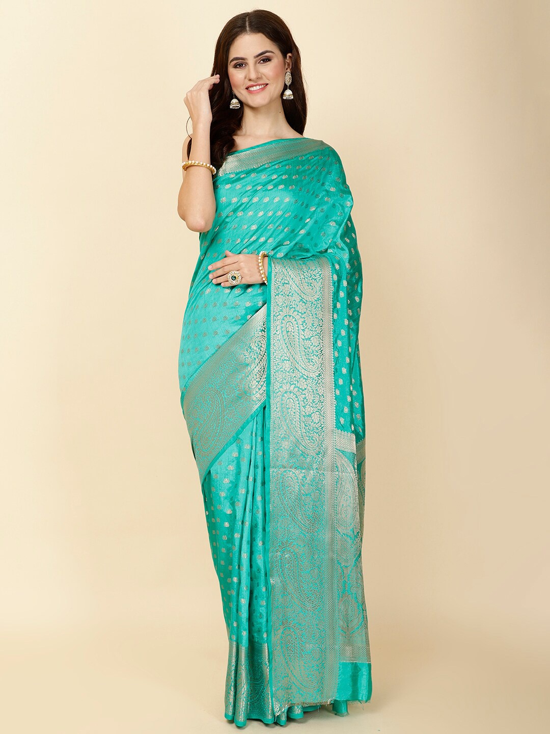 

Meena Bazaar Warli Woven Design Zari Saree, Sea green