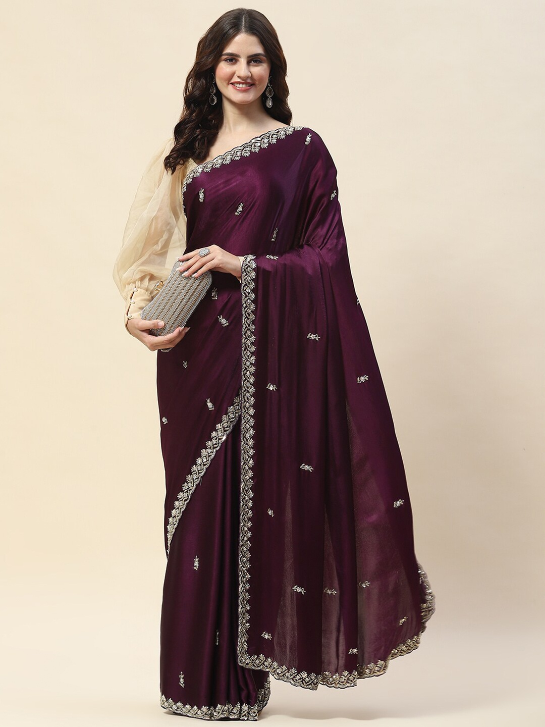 

Meena Bazaar Floral Embroidered Saree, Burgundy