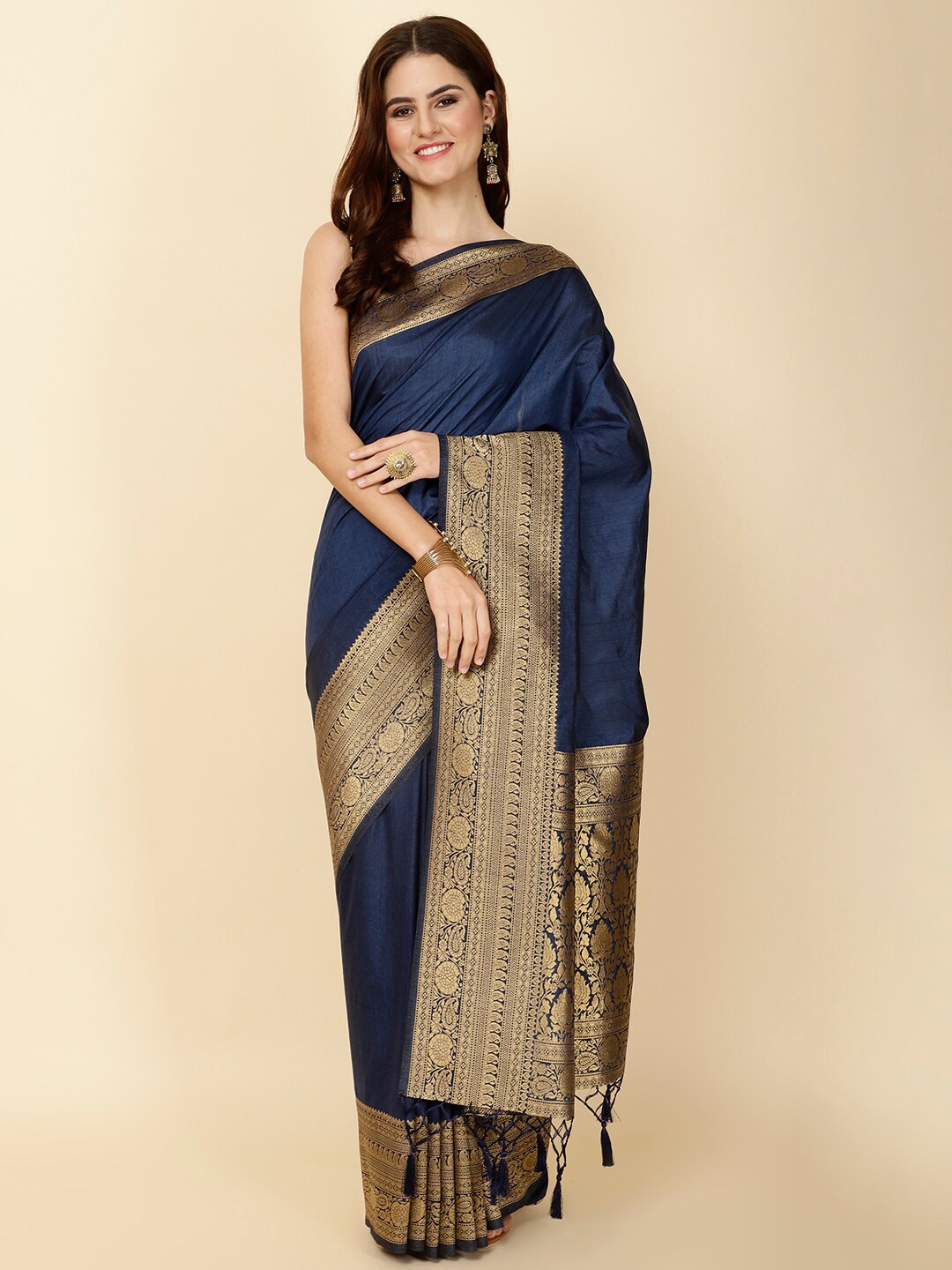 

Meena Bazaar Zari Art Silk Saree, Navy blue