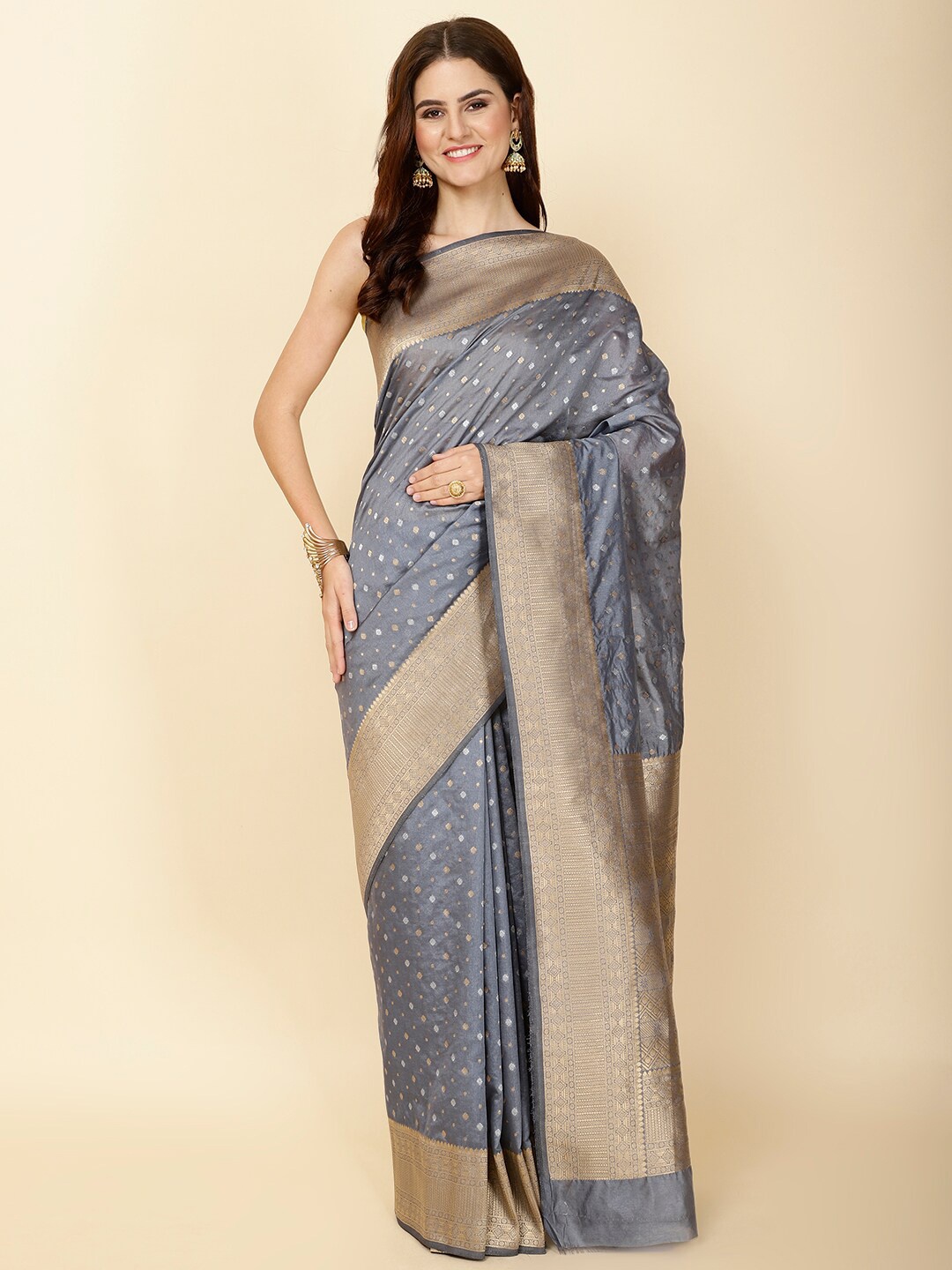 

Meena Bazaar Ethnic Motifs Woven Design Zari Art Silk Saree, Grey