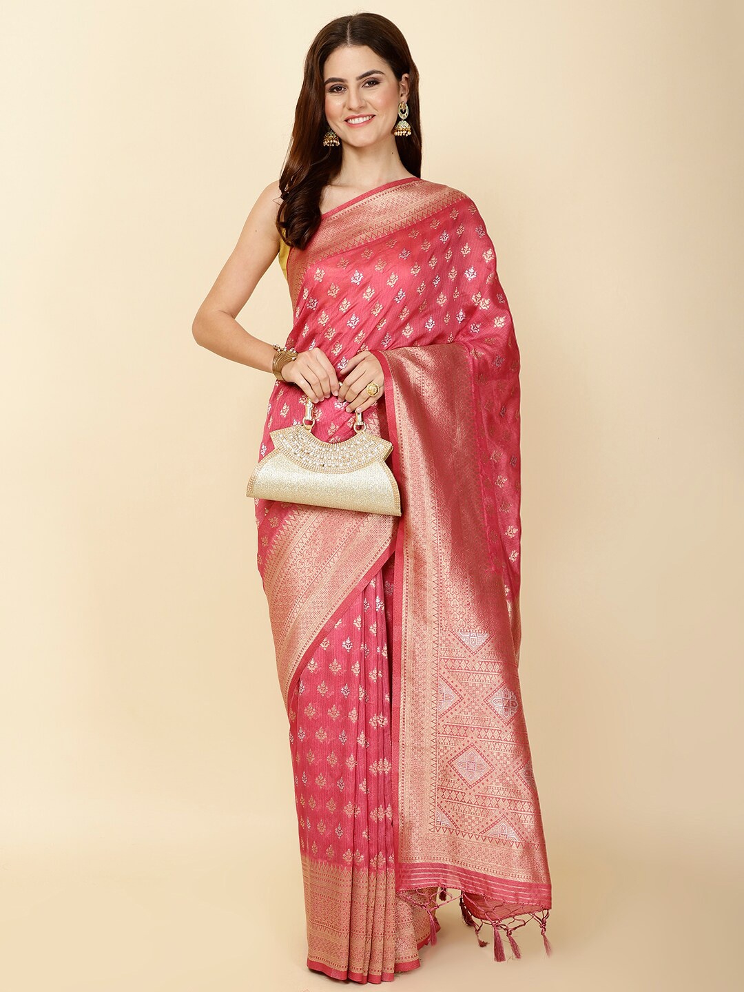

Meena Bazaar Ethnic Motifs Woven Design Zari Art Silk Saree, Pink