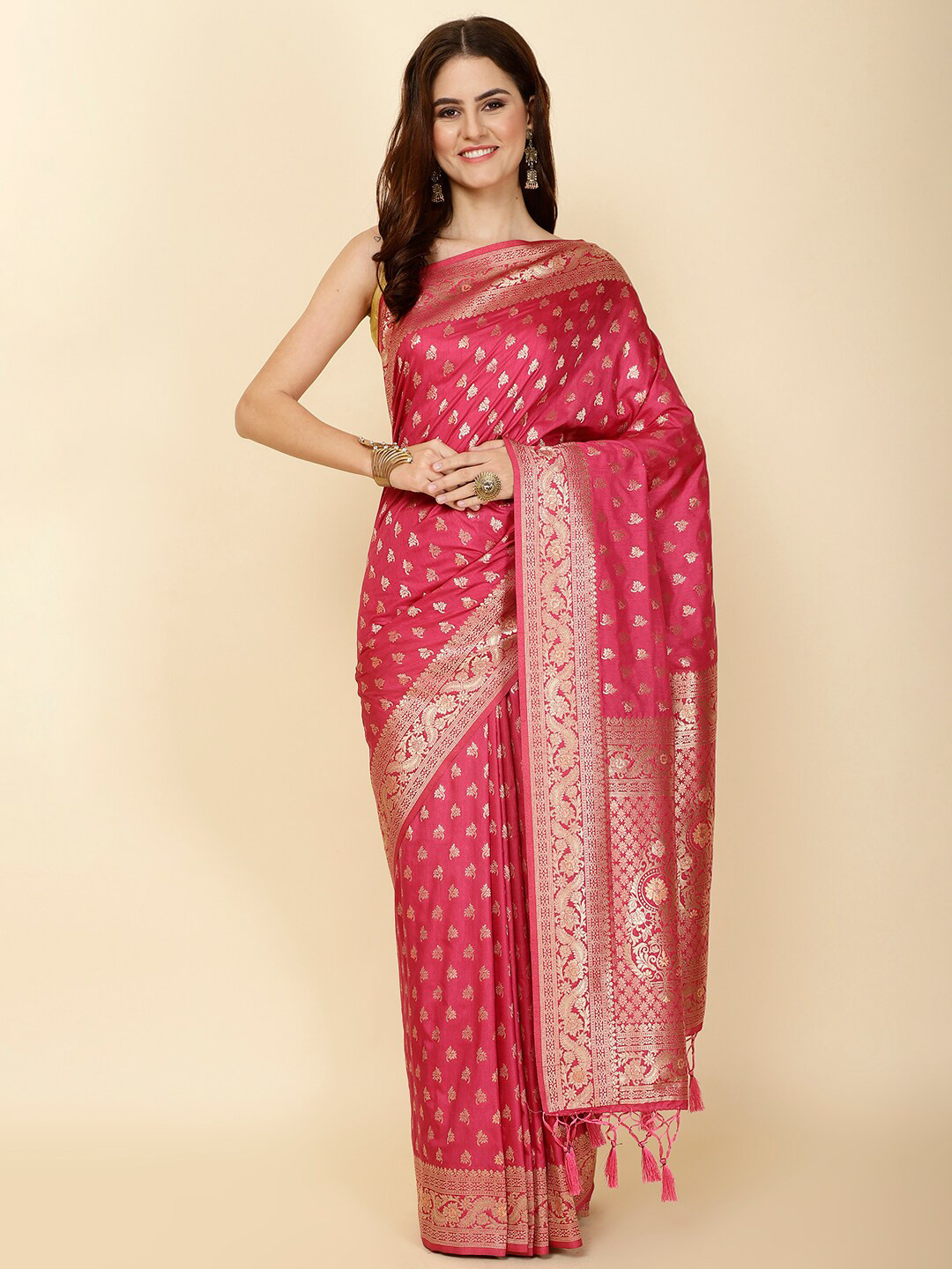 

Meena Bazaar Ethnic Motifs Woven Design Zari Art Silk Saree, Pink