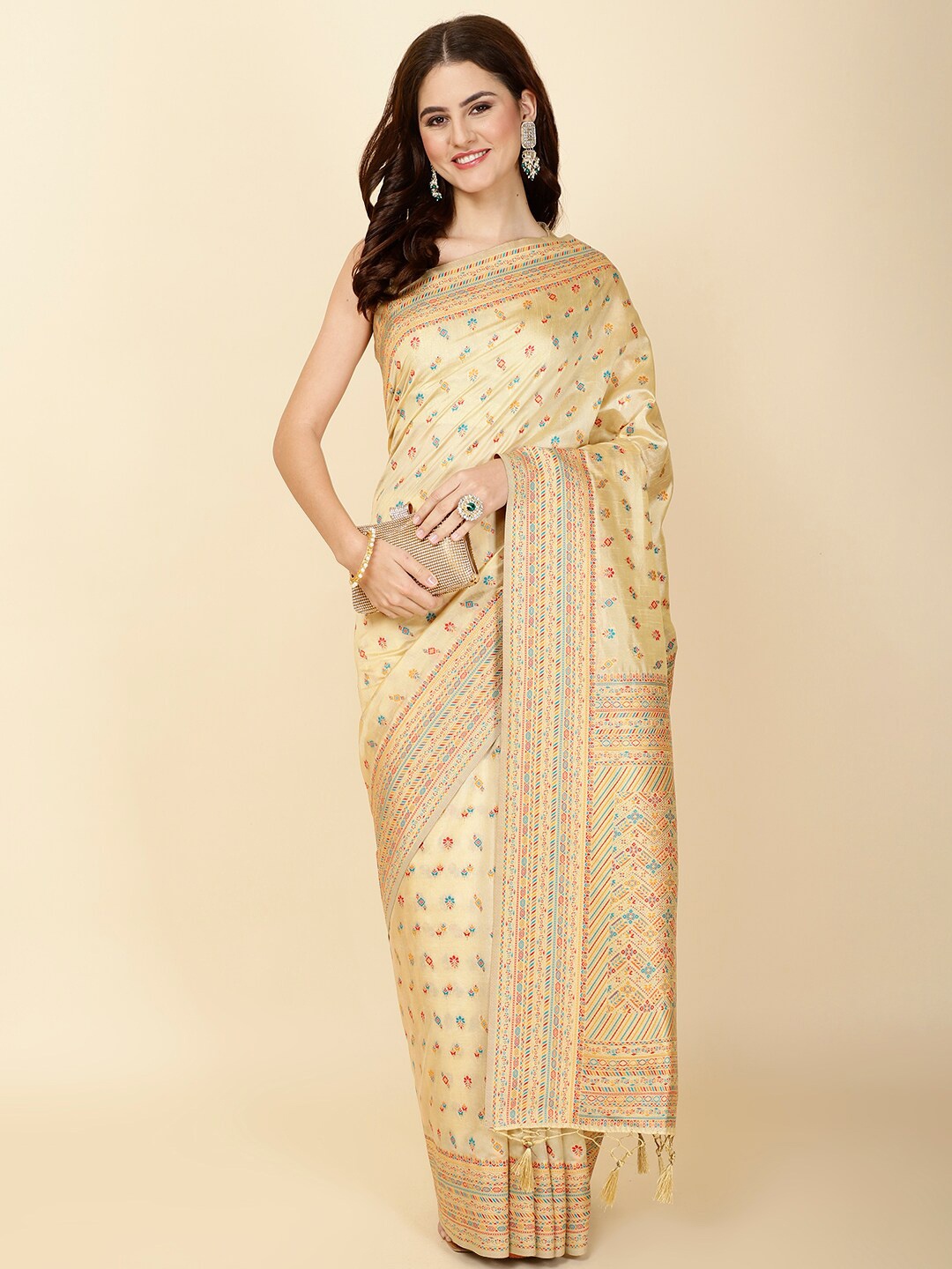 

Meena Bazaar Ethnic Motifs Woven Design Zari Saree, Beige