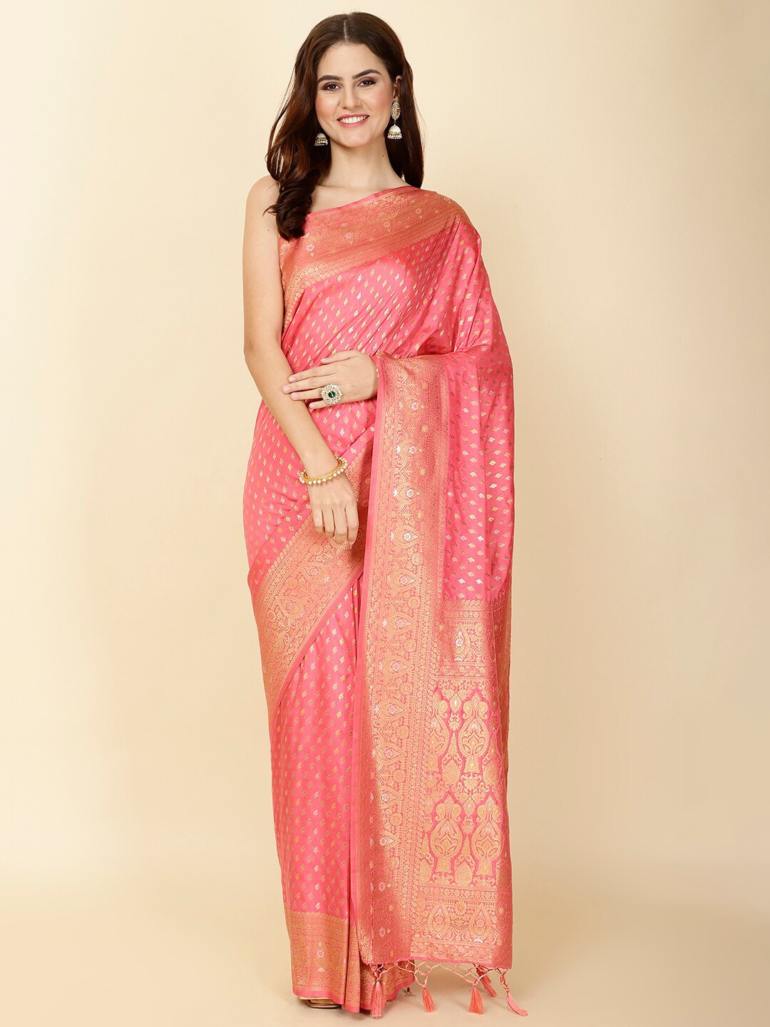 

Meena Bazaar Ethnic Motifs Woven Design Zari Art Silk Saree, Peach