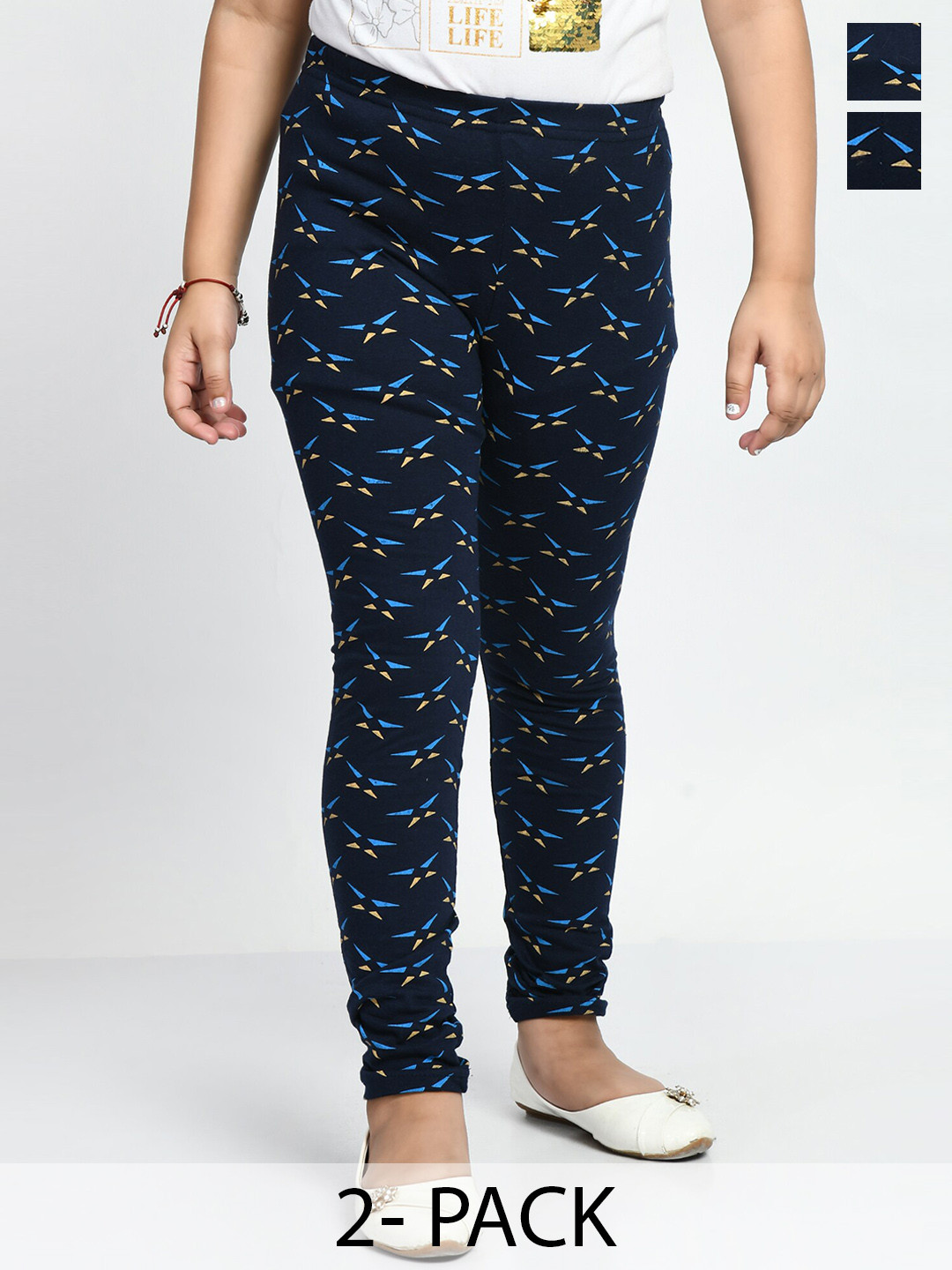 

BAESD Girls Pack Of 2 Printed Ankle Length Cotton Leggings, Navy blue