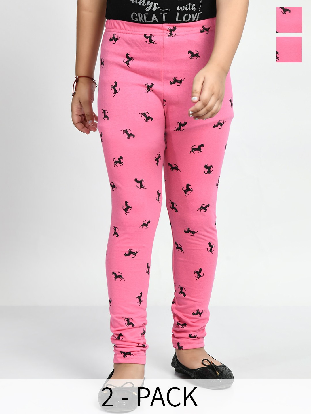 

BAESD Girls Pack Of 2 Printed Cotton Churidar Length Cotton Leggings, Pink