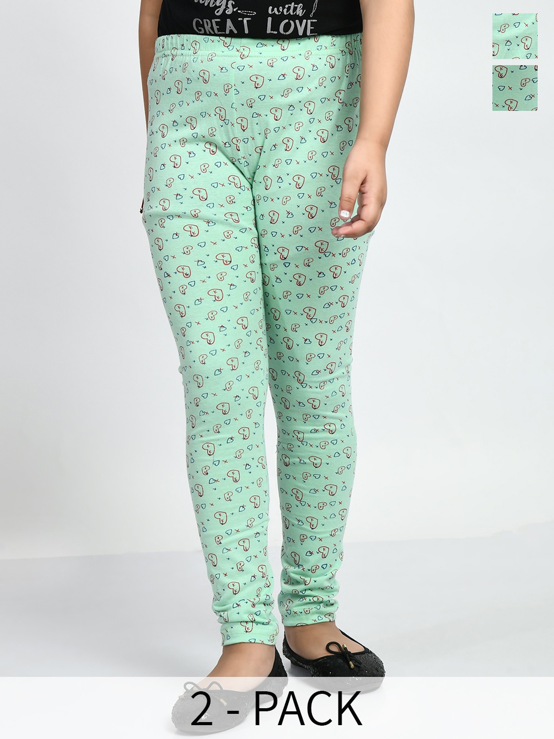 

BAESD Girls Pack Of 2 Printed Ankle Length Cotton Leggings, Green