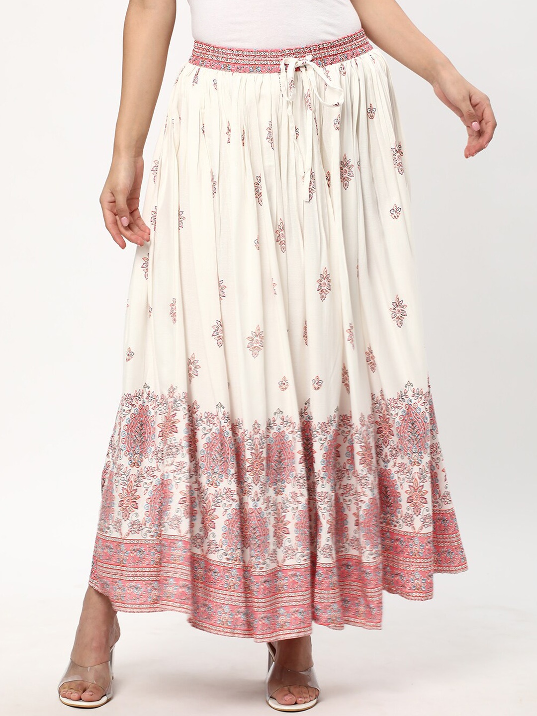 

R&B Ethnic Motifs Printed Maxi Flared Skirt, Off white