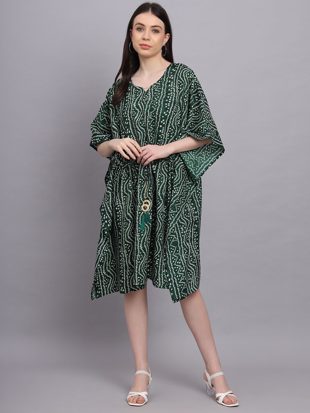 

Kiwie Print Flared Sleeve Crepe Kaftan Midi Dress, Green