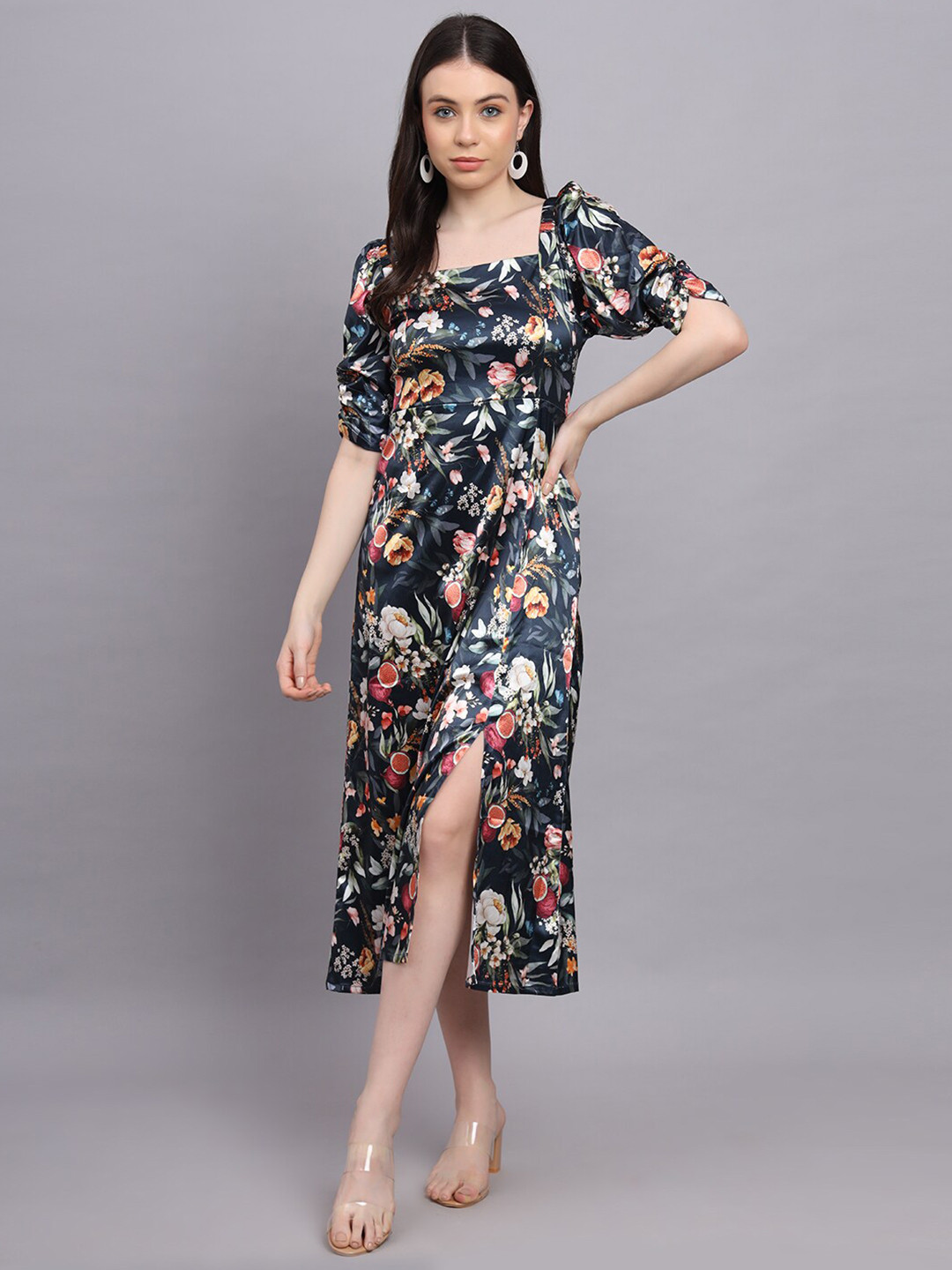 

Kiwie Floral Print Satin Fit & Flare Midi Dress, Black