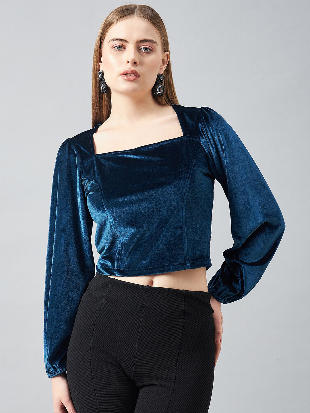 

DELAN Puff Sleeve Velvet Crop Top, Blue
