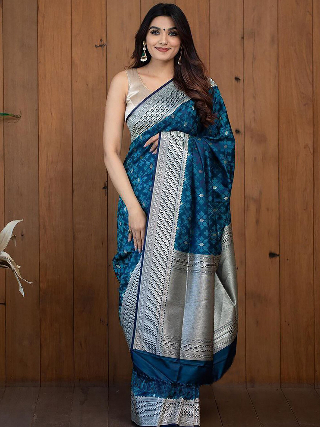 

Anjaneya Sarees Ethnic Motifs Woven Design Zari Banarasi Saree, Blue