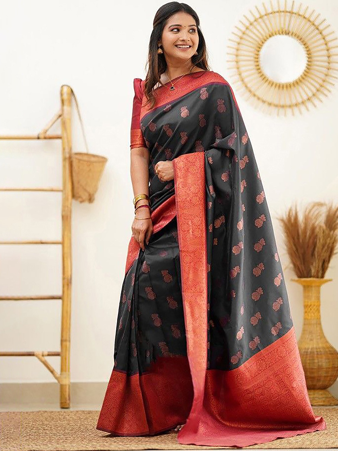 

Anjaneya Sarees Ethnic Motifs Woven Design Zari Banarasi Saree, Black