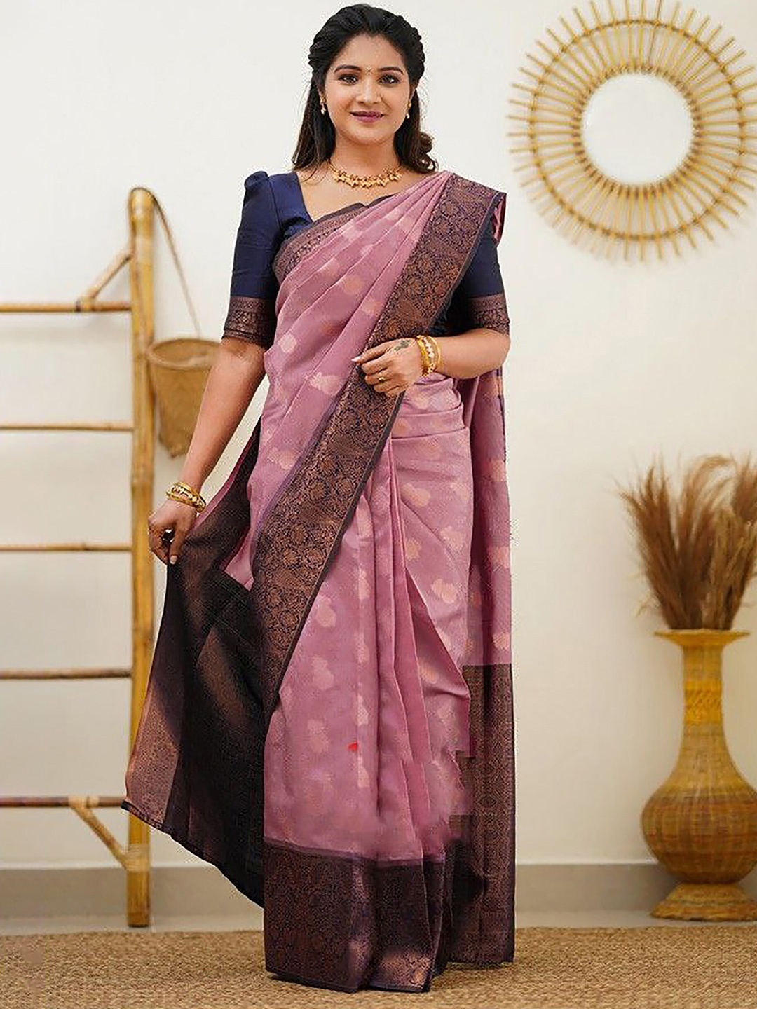 

Anjaneya Sarees Ethnic Motifs Woven Design Zari Banarasi Saree, Pink