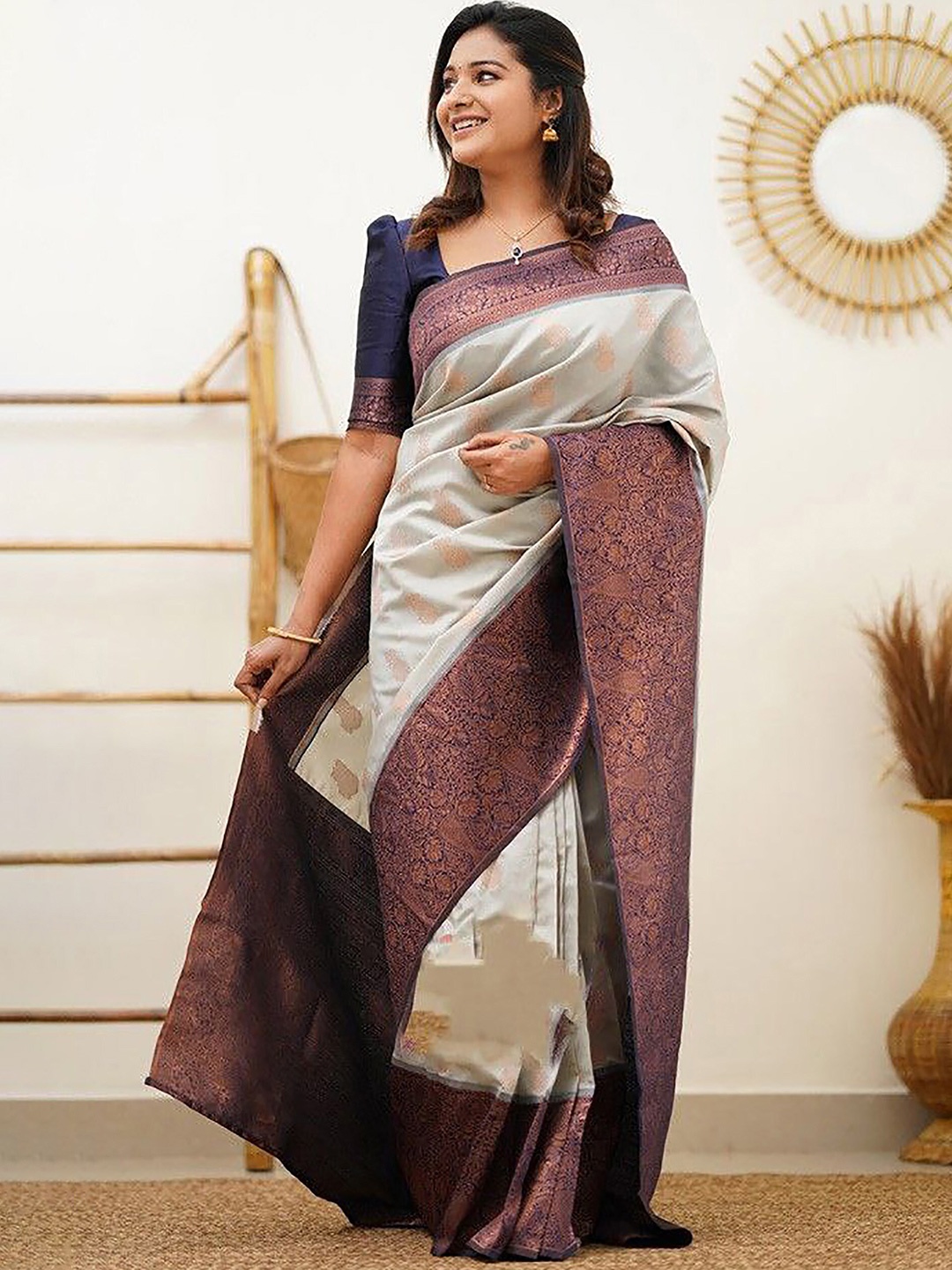 

Anjaneya Sarees Ethnic Motifs Woven Design Zari Banarasi Saree, Grey