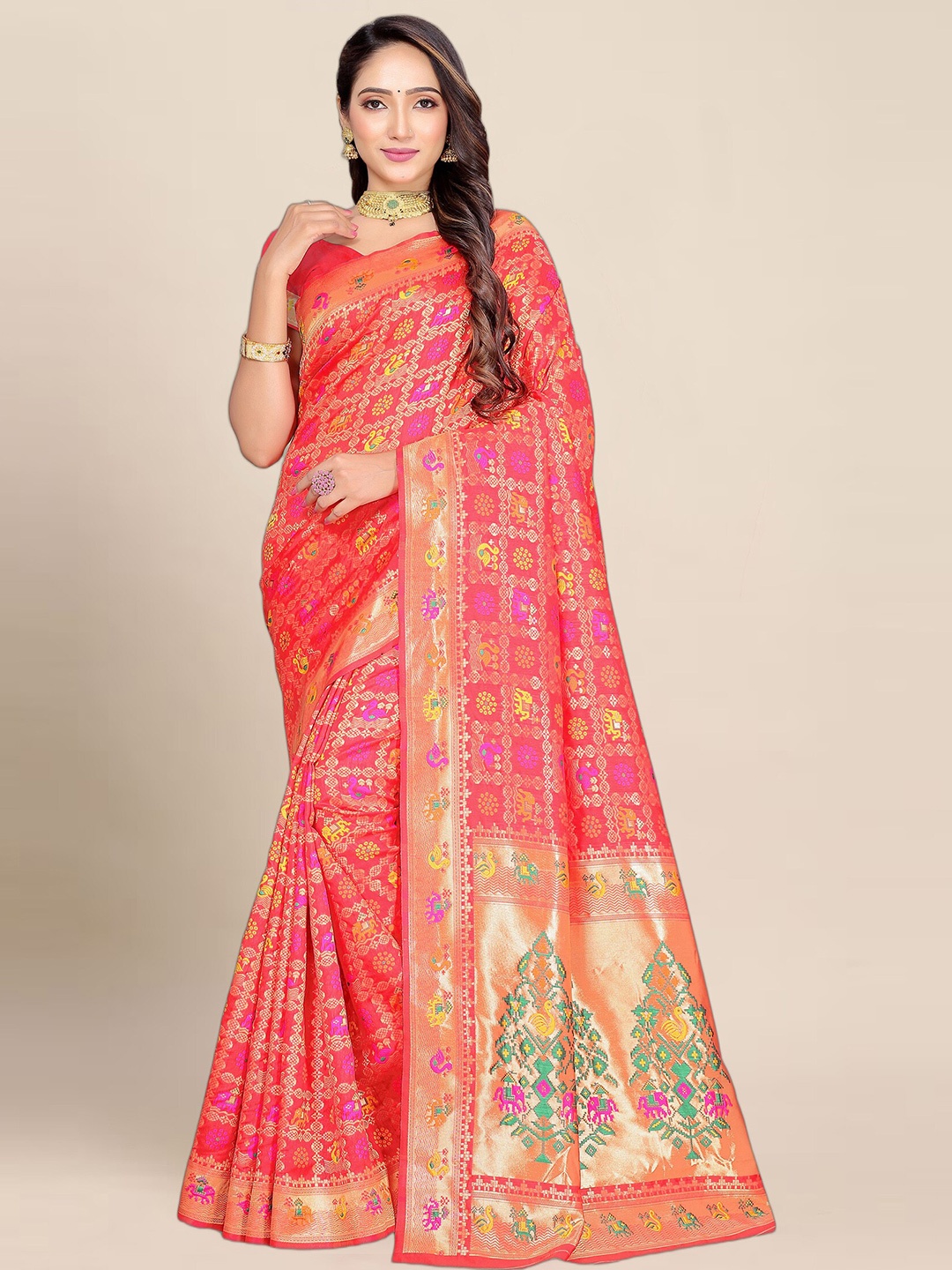 

Anjaneya Sarees Ethnic Motifs Woven Design Zari Banarasi Saree, Red