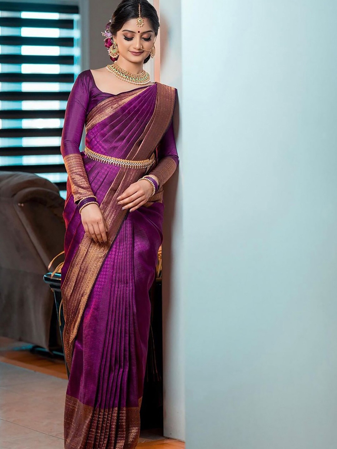 

Anjaneya Sarees Ethnic Motifs Woven Design Zari Banarasi Saree, Purple