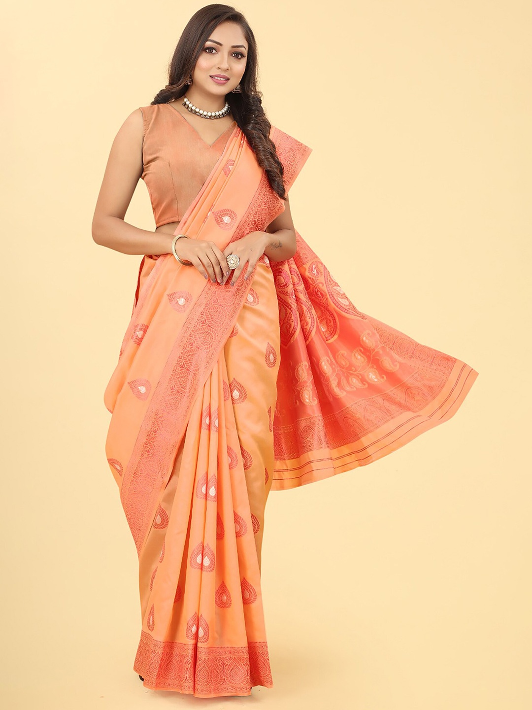 

Anjaneya Sarees Ethnic Motifs Woven Design Zari Banarasi Saree, Orange