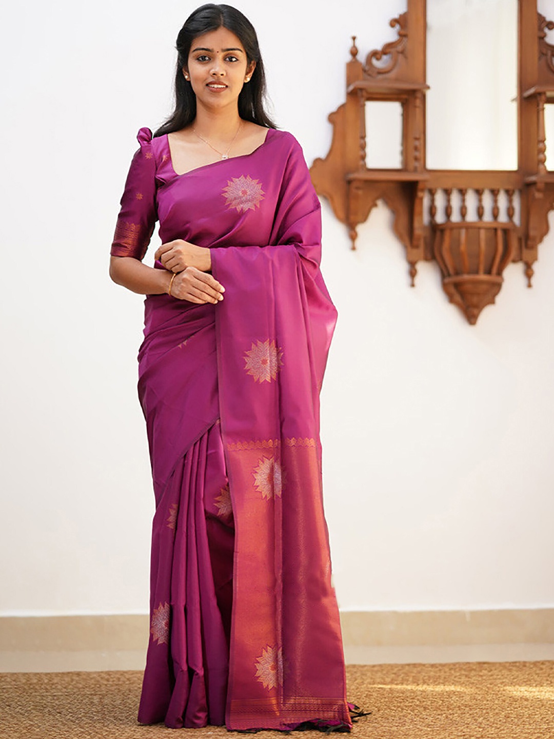 

Anjaneya Sarees Floral Woven Design Zari Banarasi Saree, Pink