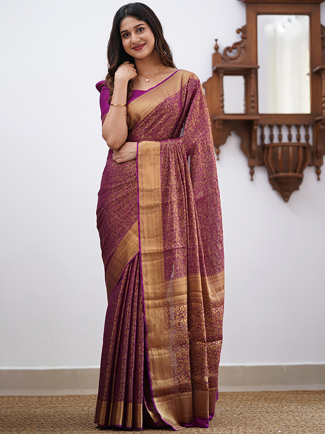 

Anjaneya Sarees Woven Design Zari Banarasi Saree, Purple