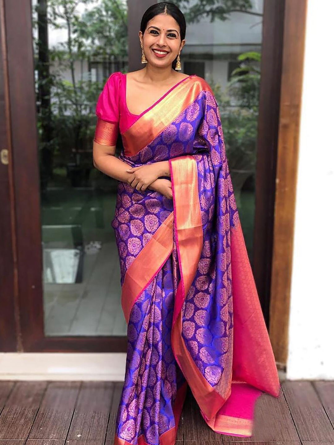 

Anjaneya Sarees Ethnic Motifs Woven Design Zari Banarasi Saree, Blue
