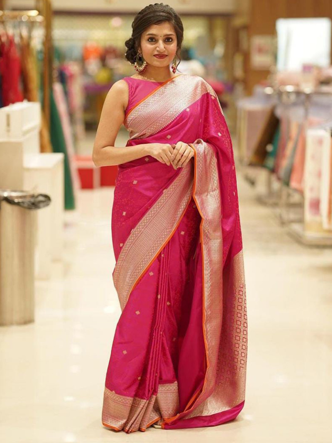 

Anjaneya Sarees Ethnic Motifs Woven Design Zari Banarasi Saree, Pink