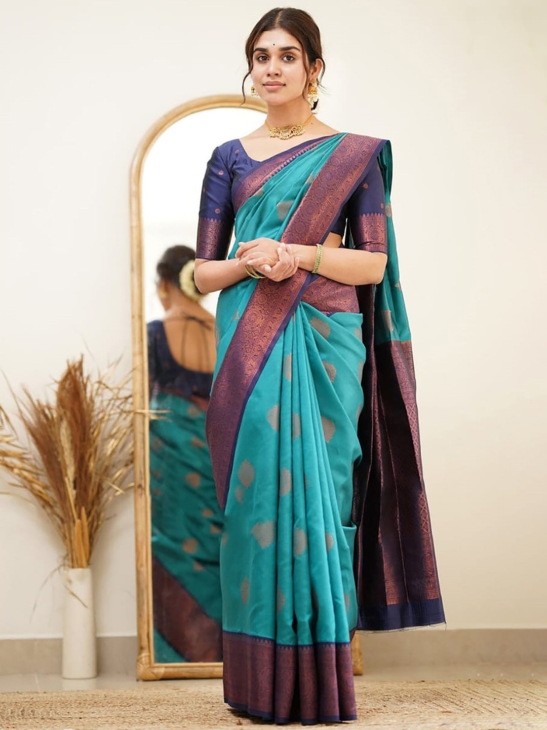 

Anjaneya Sarees Ethnic Motifs Woven Design Zari Banarasi Saree, Teal