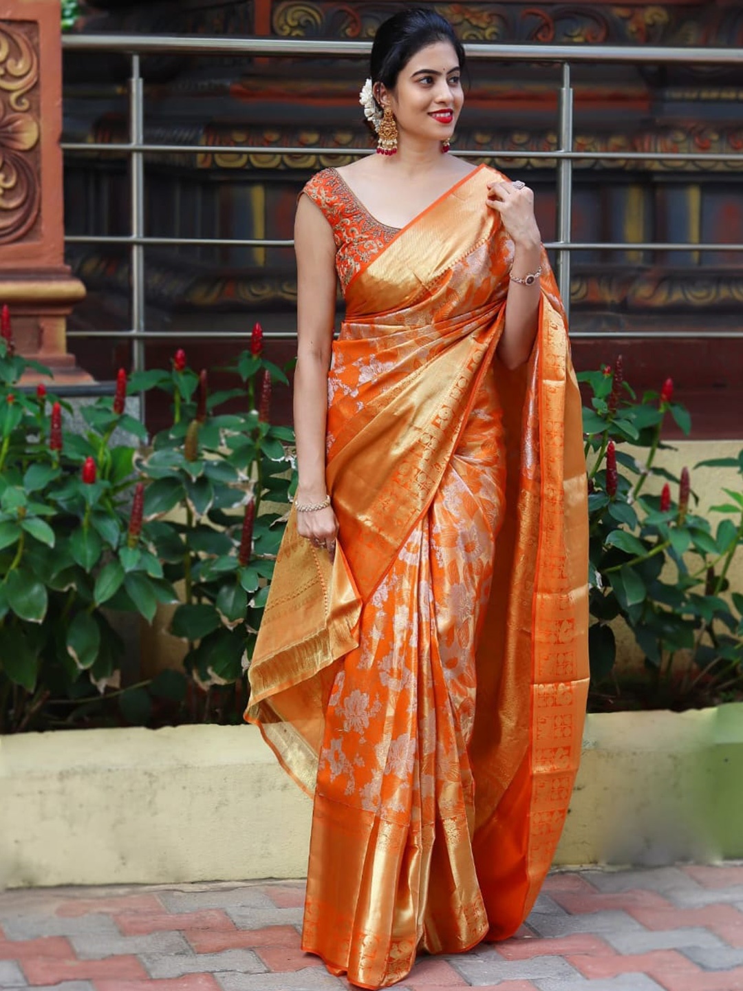 

Anjaneya Sarees Floral Woven Design Zari Banarasi Saree, Orange