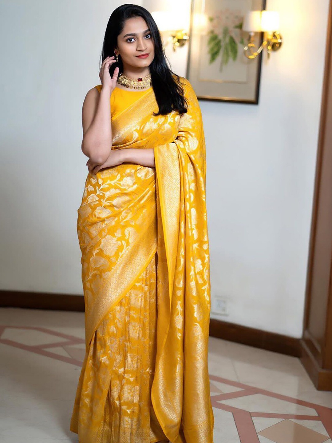 

Anjaneya Sarees Floral Woven Design Zari Banarasi Saree, Yellow