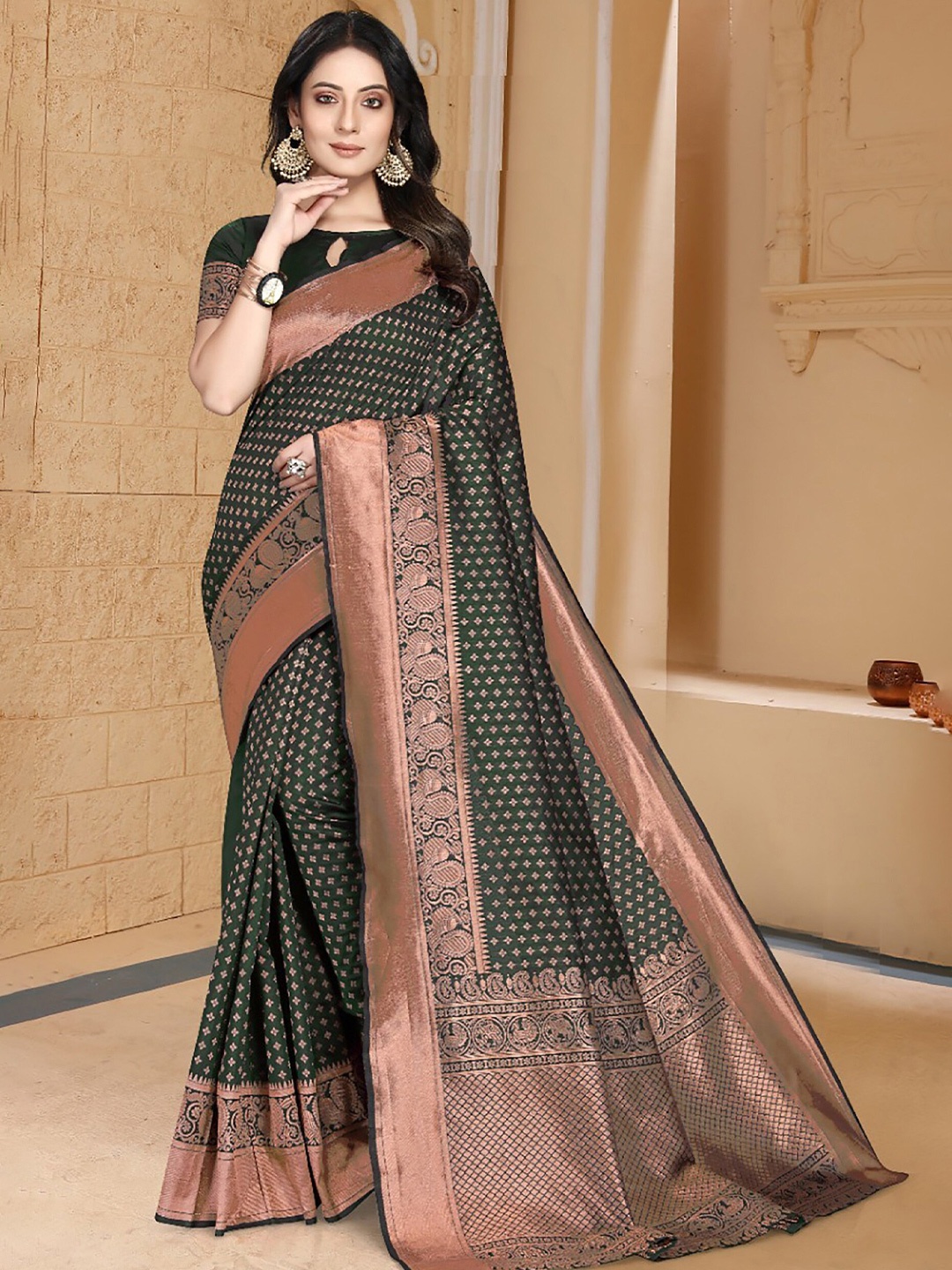 

Anjaneya Sarees Polka Dots Woven Design Zari Banarasi Saree, Green
