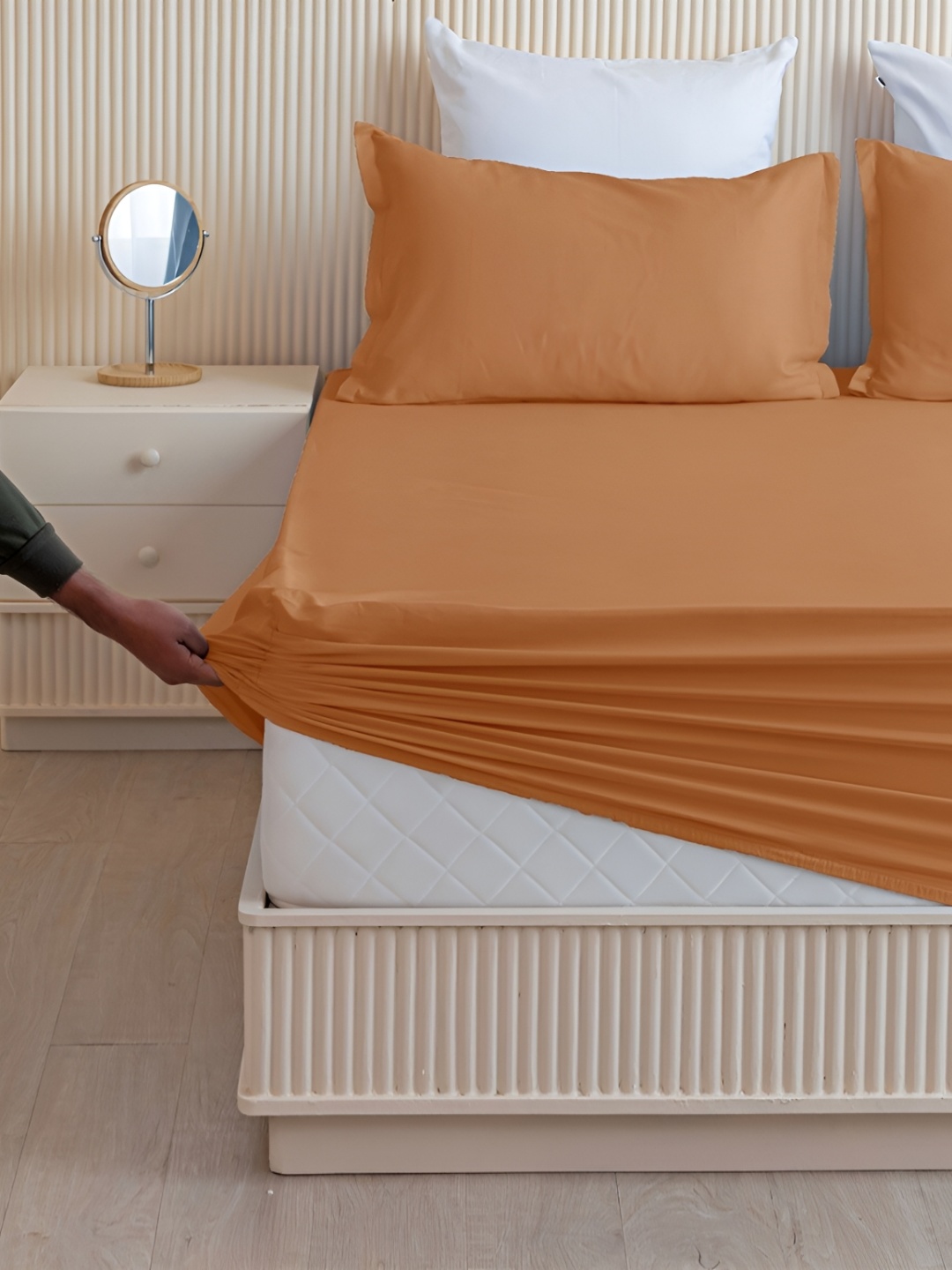 

HOMEMONDE Taupe Cotton Fitted 210 TC Single Bedsheet with Pillow Cover