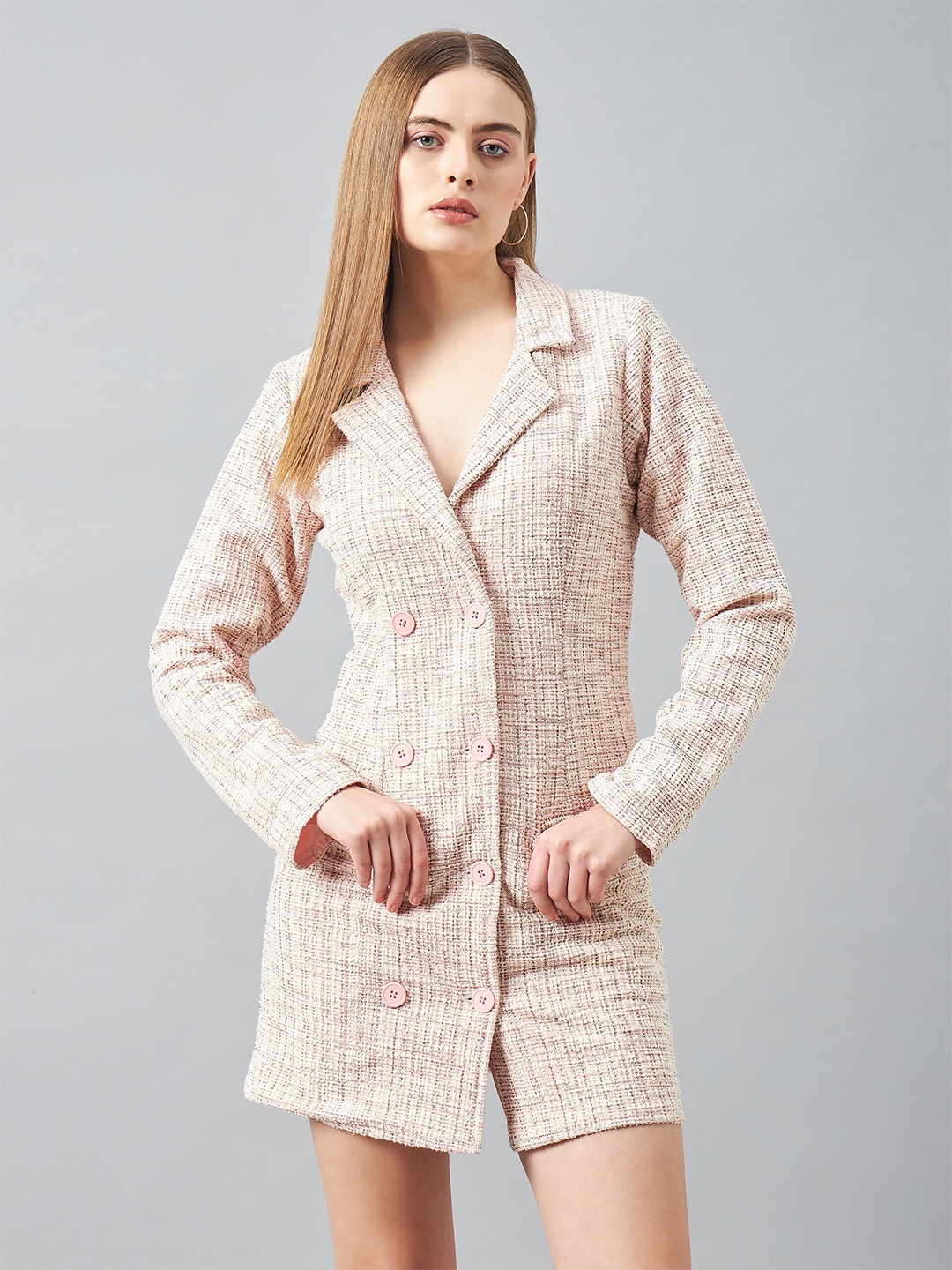 

DELAN Women Shirt Collar Jacquard Blazer Mini Dress, Beige