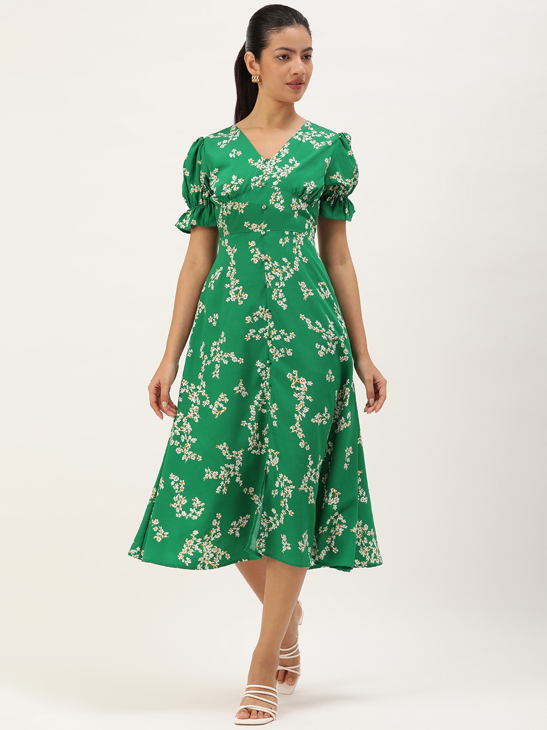 

ANVI Be Yourself Floral Print Puff Sleeve Crepe Fit & Flare Midi Dress, Green