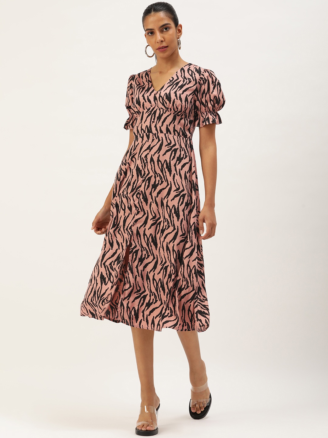 

ANVI Be Yourself Animal Print Puff Sleeve Crepe Fit & Flare Midi Dress, Peach