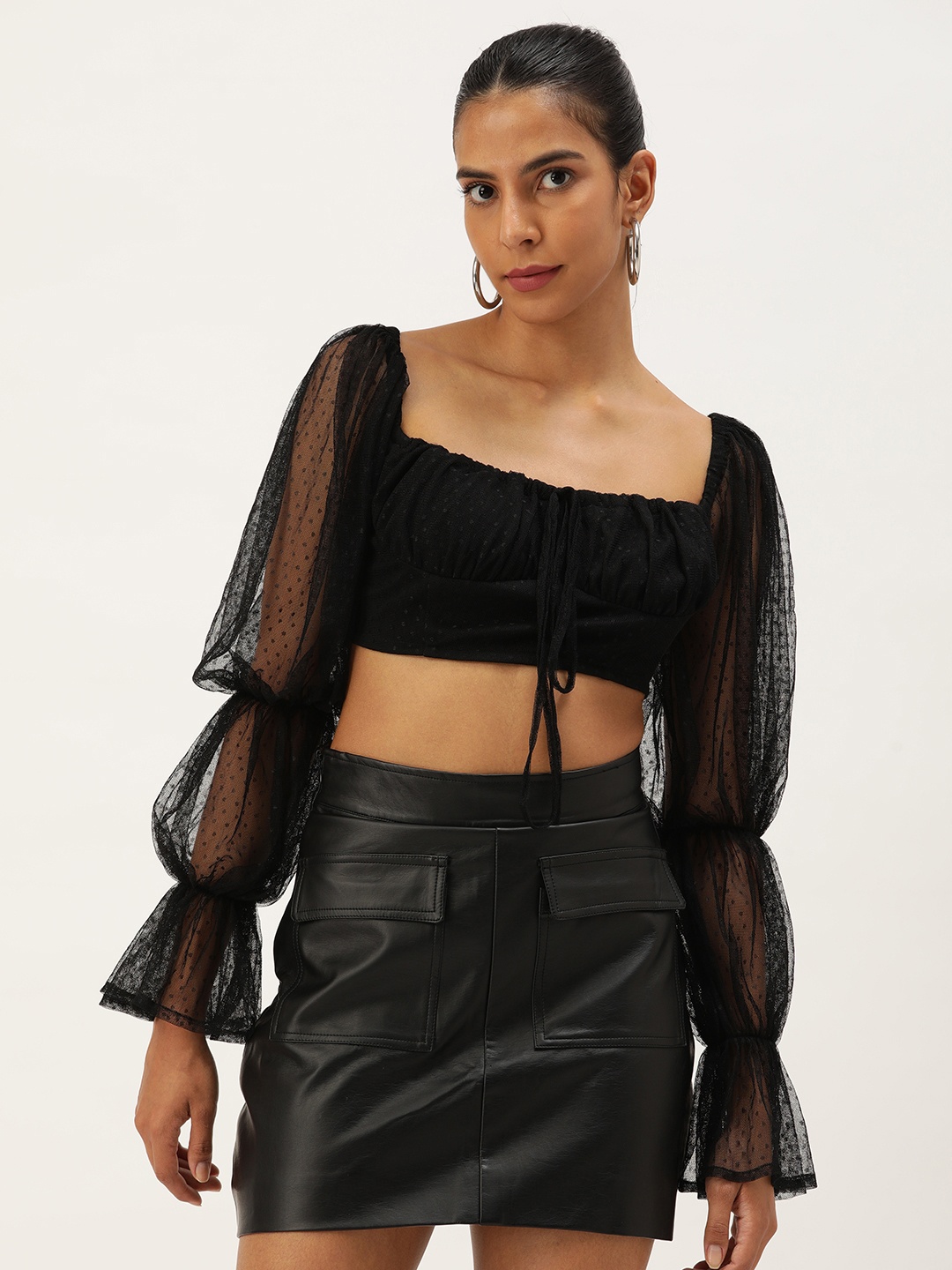 

ANVI Be Yourself Square Neck Puff Sleeves Net Crop Top, Black
