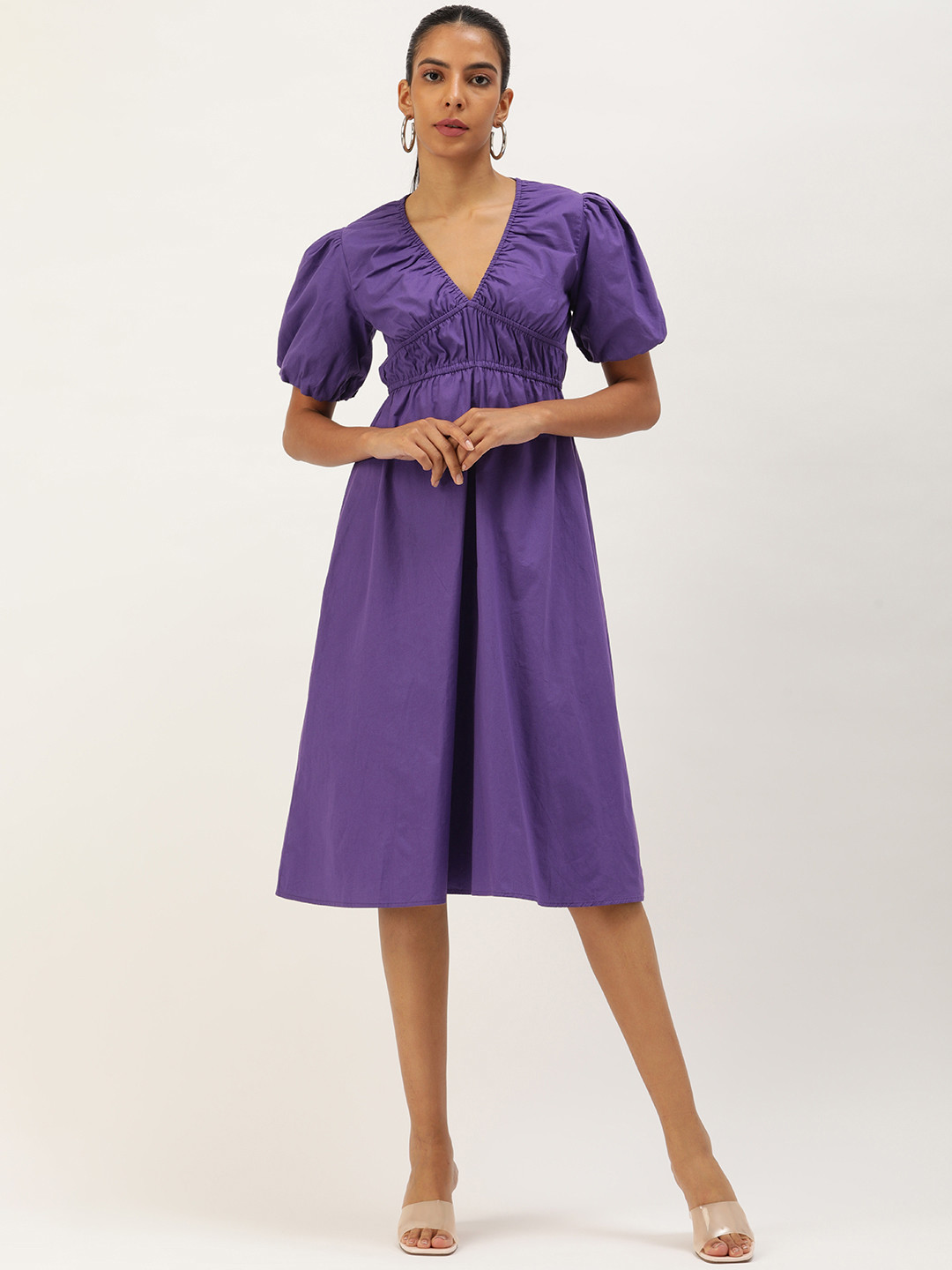 

ANVI Be Yourself Puff Sleeve Empire Cotton Midi Dress, Purple