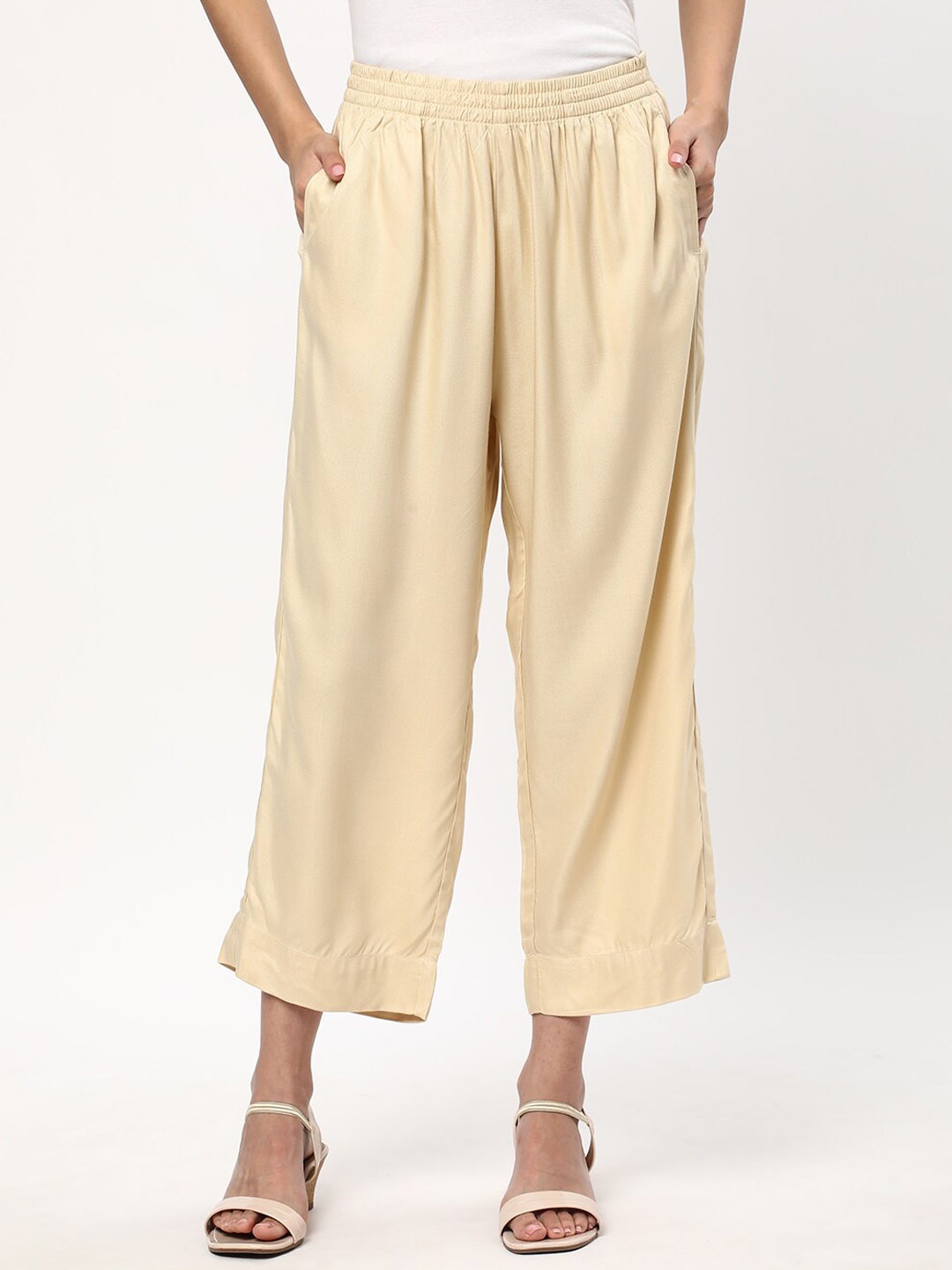 

R&B Women Regular Fit Wide Leg Trousers, Beige