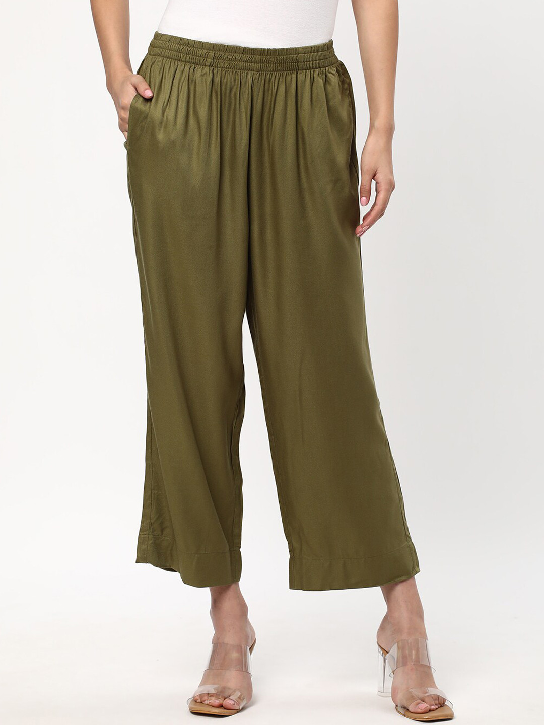 

R&B Women Regular Fit Wide Leg Trousers, Olive