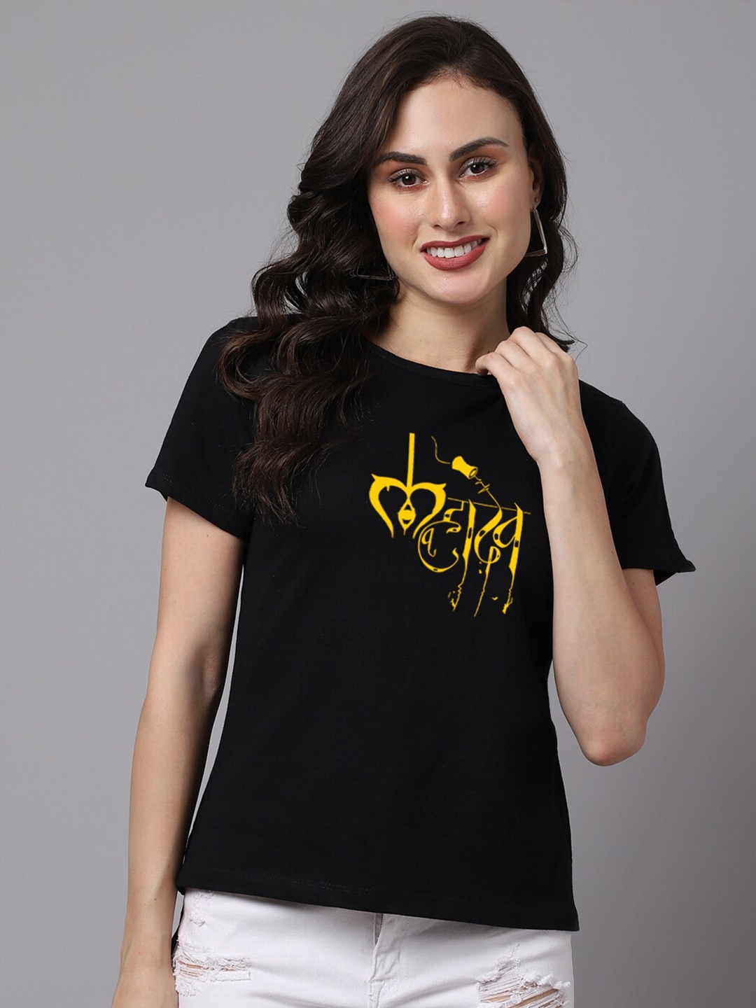 

Friskers Women Typography Printed Applique T-shirt, Black