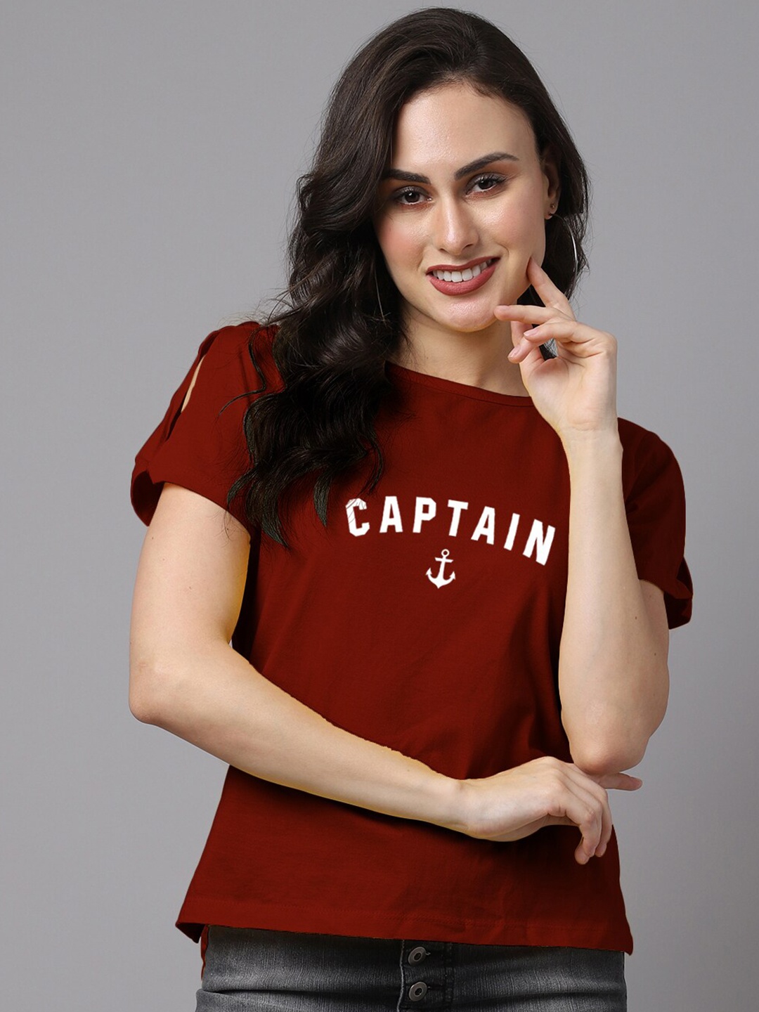 

Friskers Women Typography Printed Applique T-shirt, Maroon