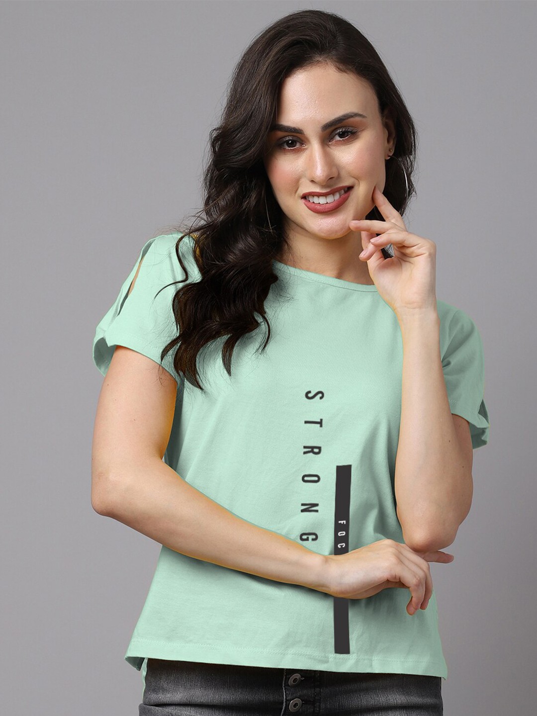

Friskers Women Typography Printed Pockets T-shirt, Sea green