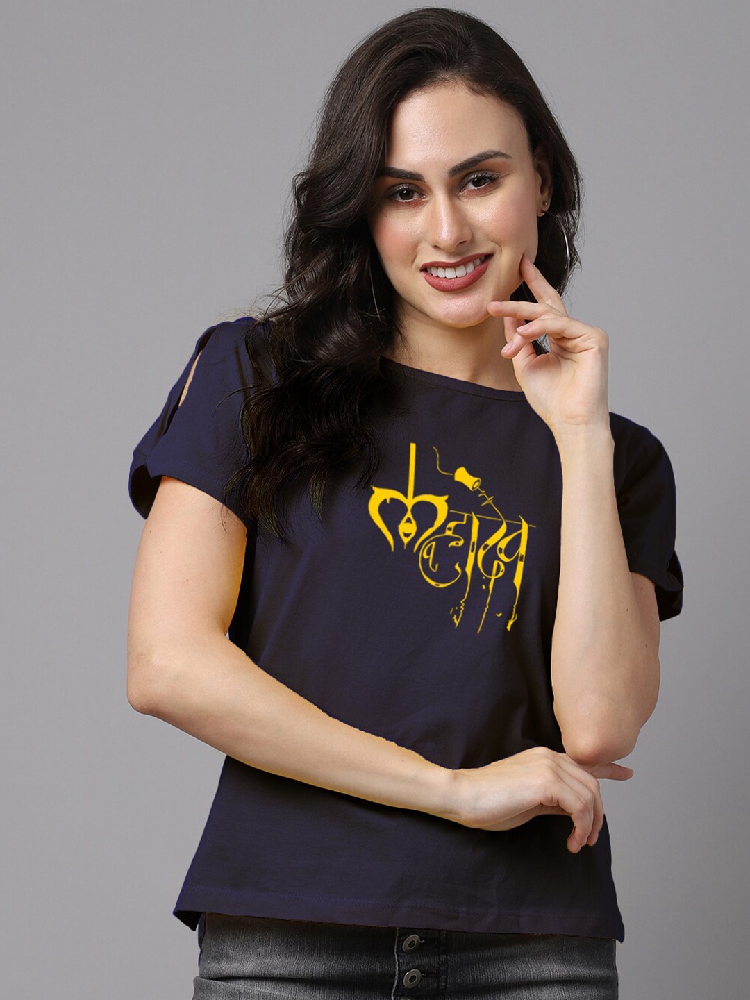 

Friskers Women Typography Printed Extended Sleeves Applique T-shirt, Navy blue