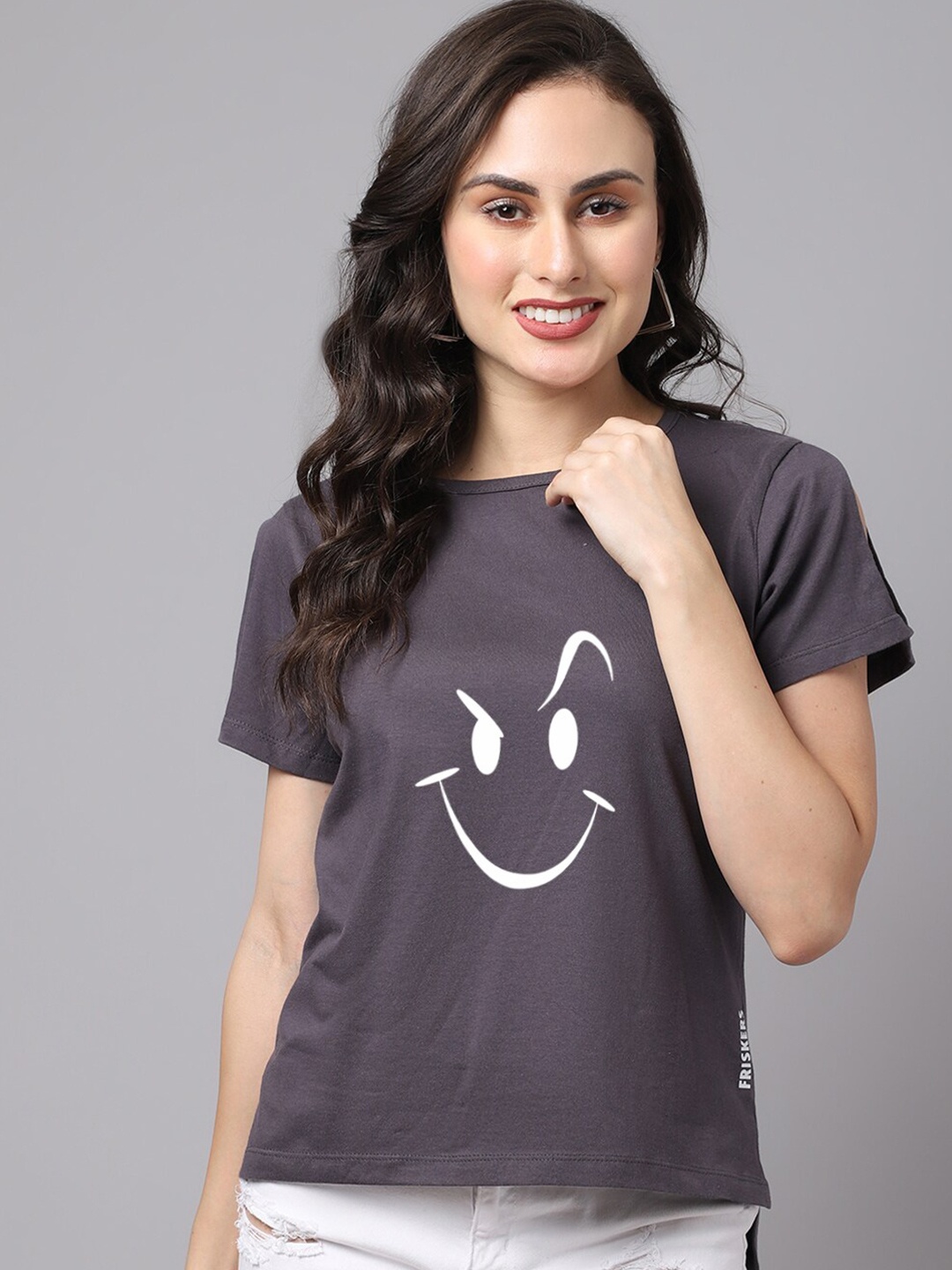 

Friskers Women Printed Pockets T-shirt, Grey