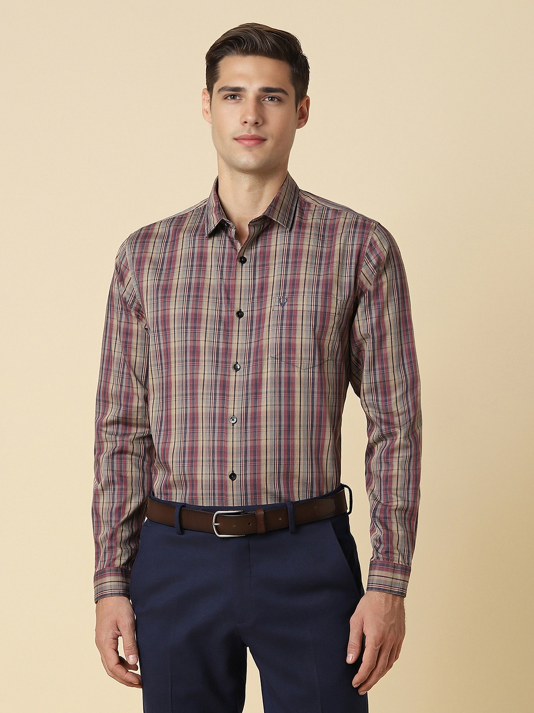 

Allen Solly Checked Spread Collar Curved Cotton Slim Fit Formal Shirt, Brown