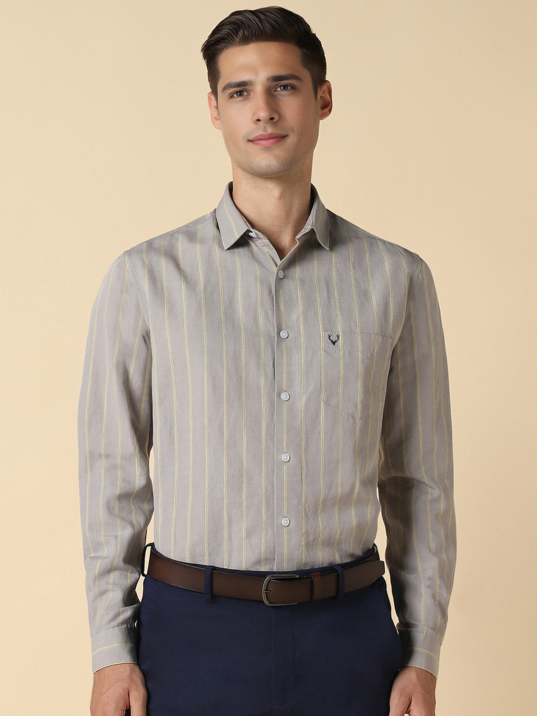 

Allen Solly Men Slim Fit Opaque Striped Formal Shirt, Grey