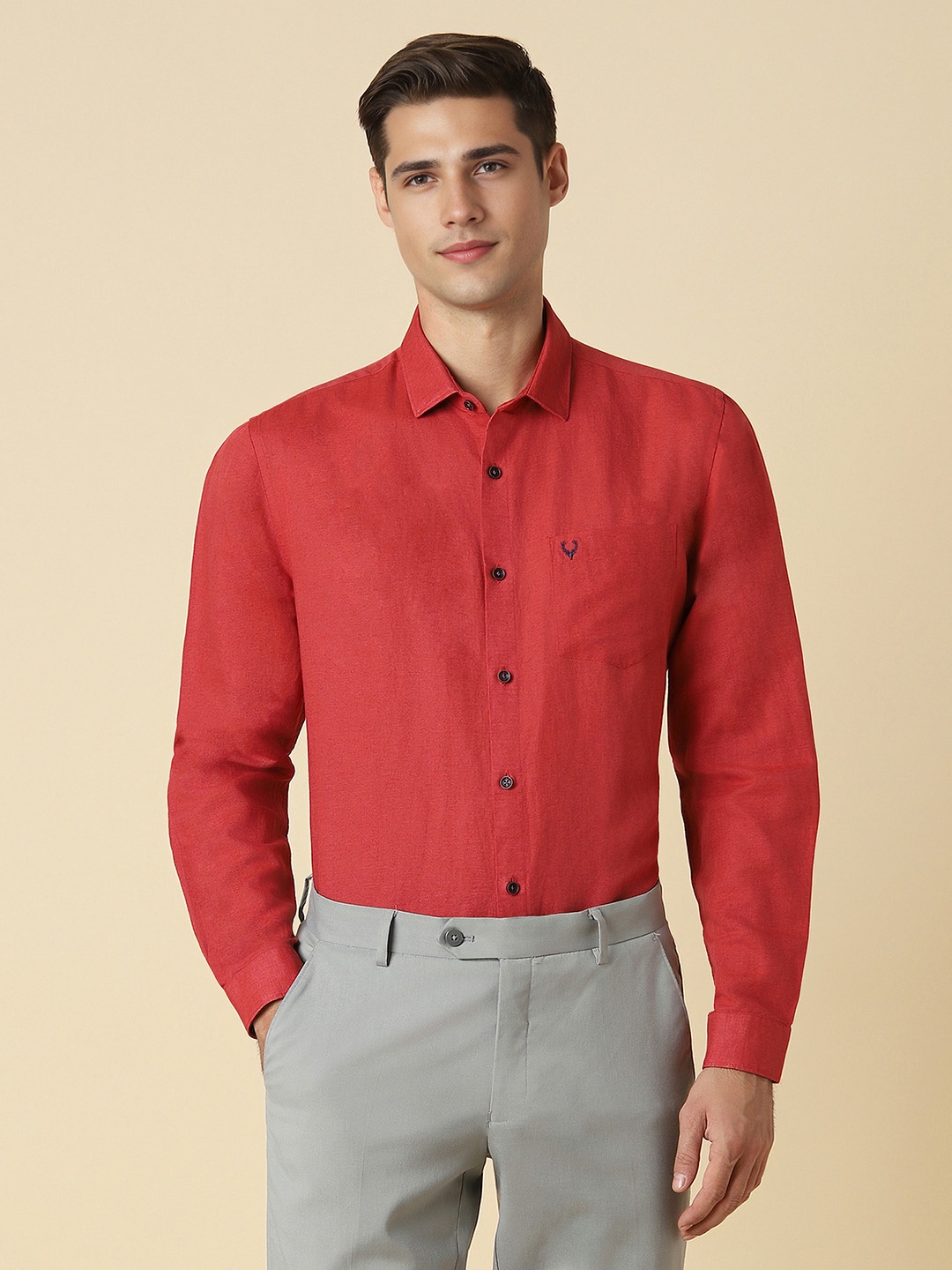 

Allen Solly Textured Spread Collar Curved Cotton Slim Fit Formal Shirt, Red