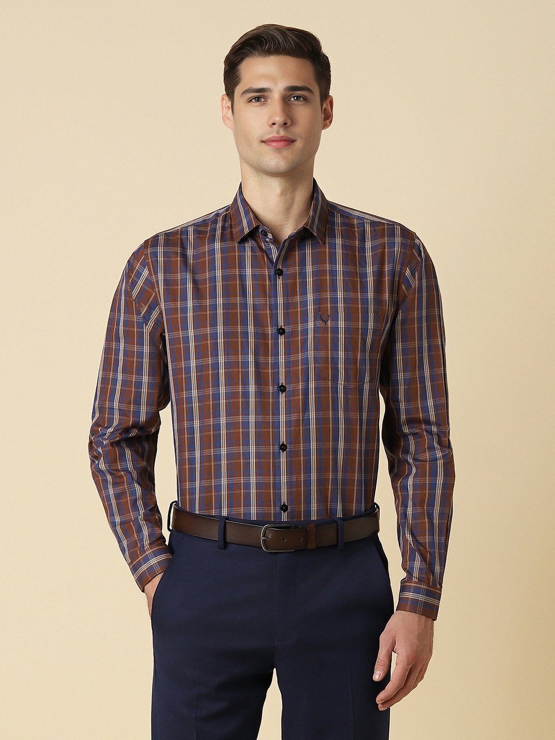 

Allen Solly Checked Spread Collar Curved Cotton Slim Fit Formal Shirt, Brown