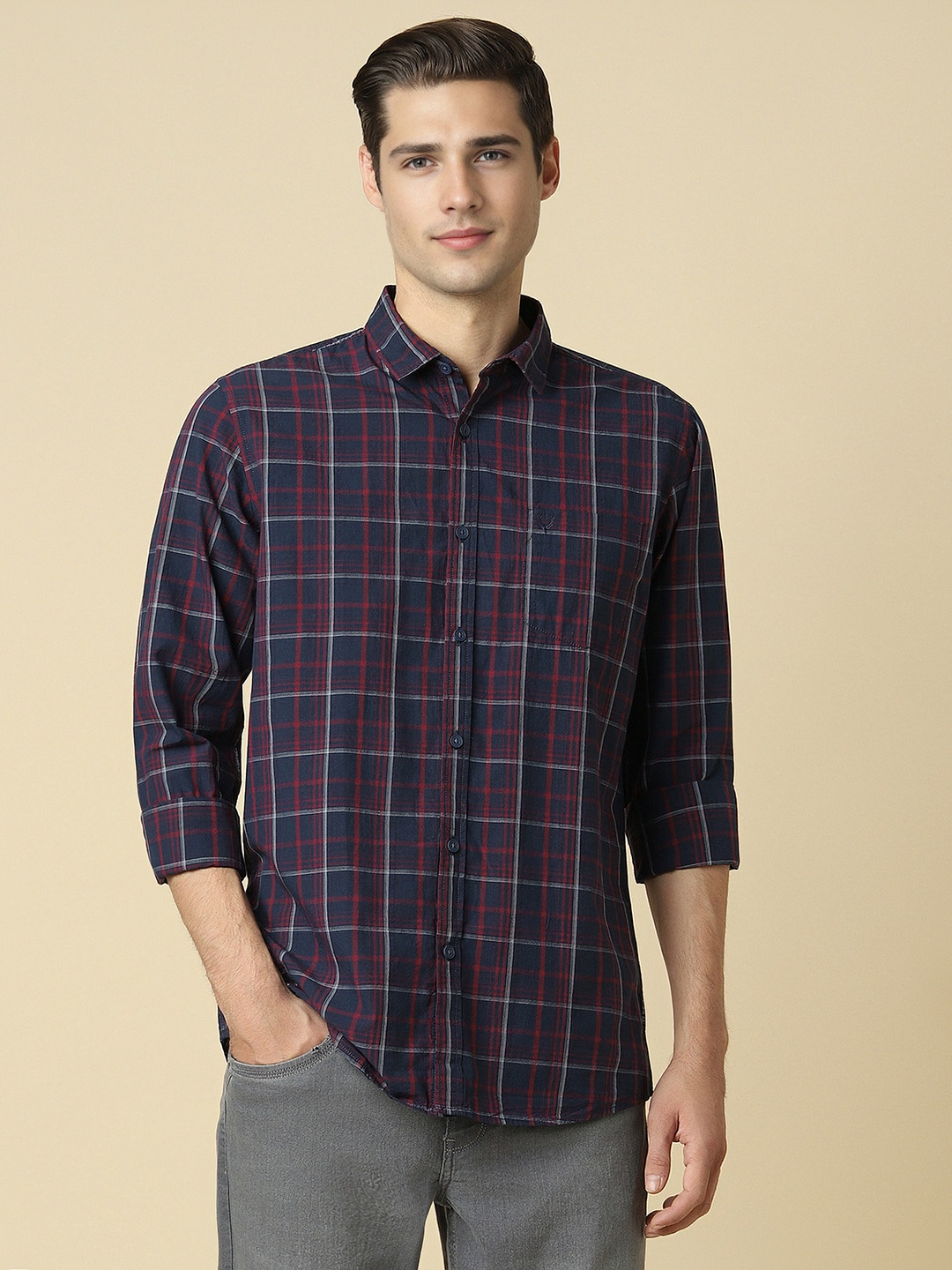 

Allen Solly Tartan Checks Printed Cotton Casual Shirt, Navy blue