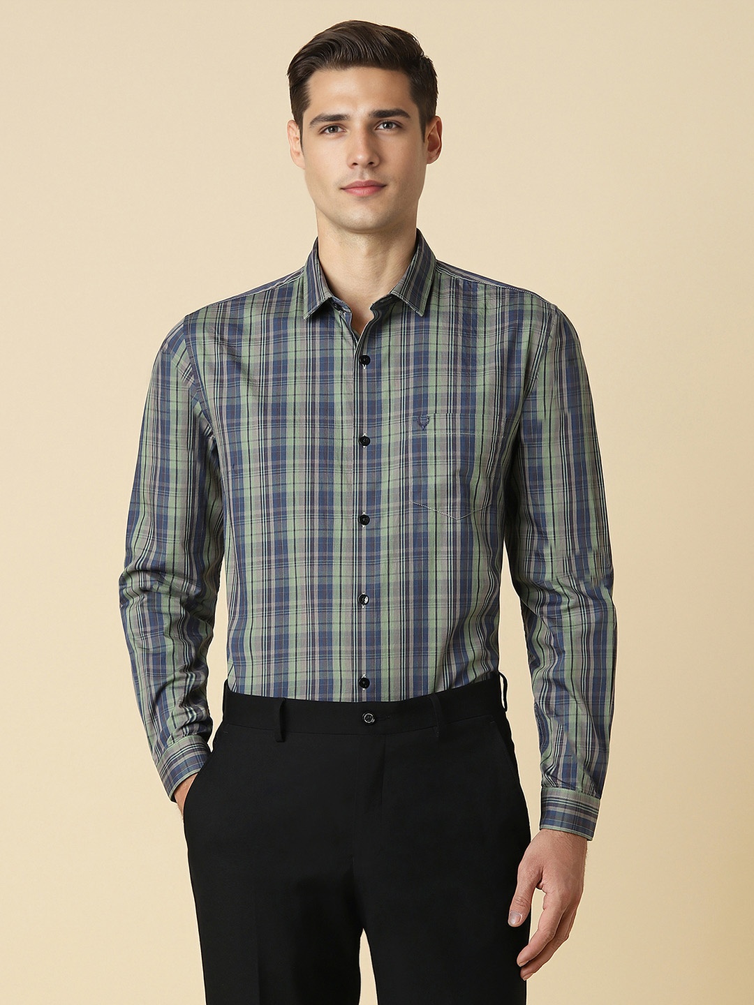 

Allen Solly Checked Spread Collar Curved Cotton Slim Fit Formal Shirt, Green