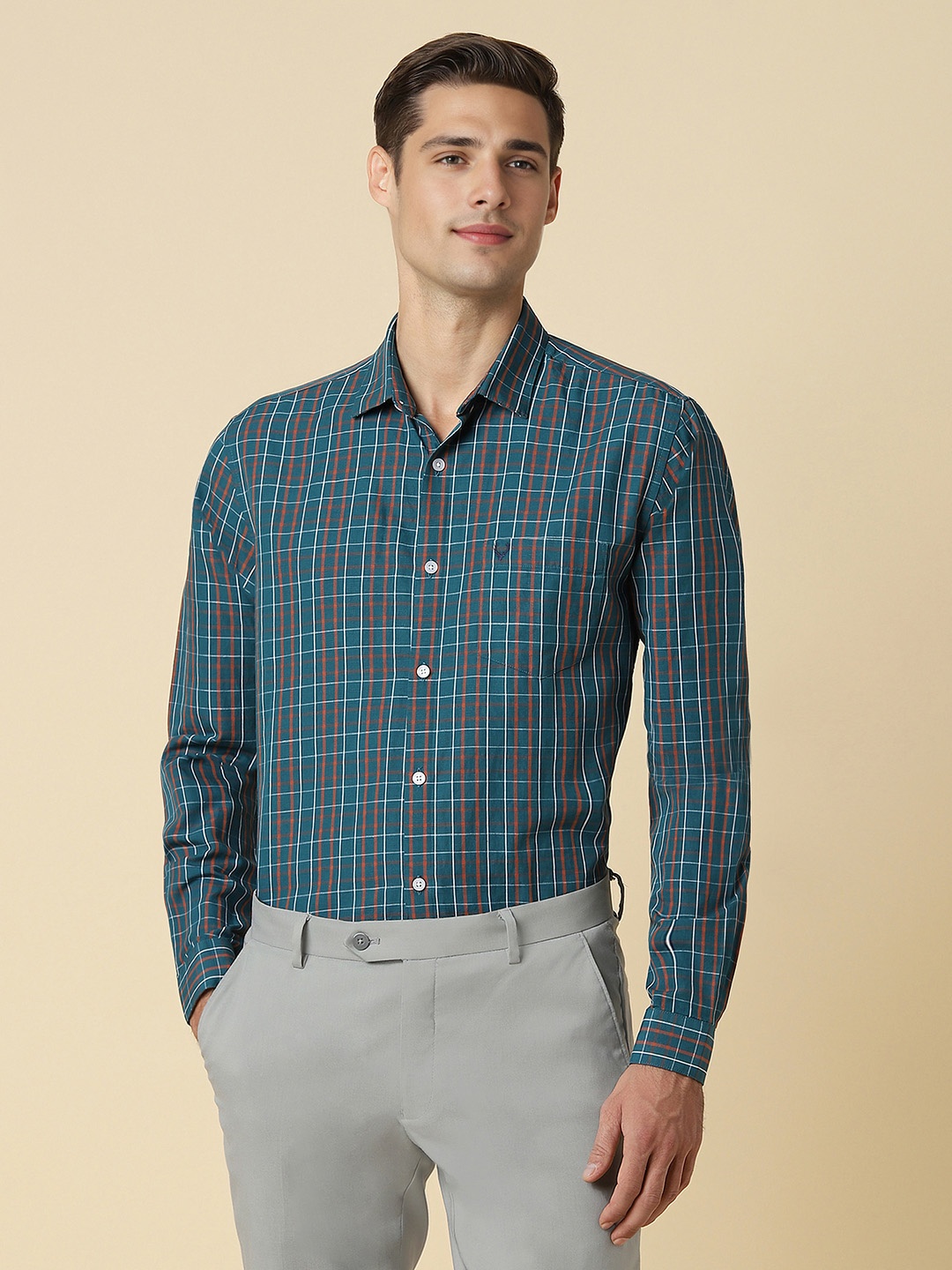 

Allen Solly Checked Spread Collar Curved Cotton Slim Fit Formal Shirt, Green